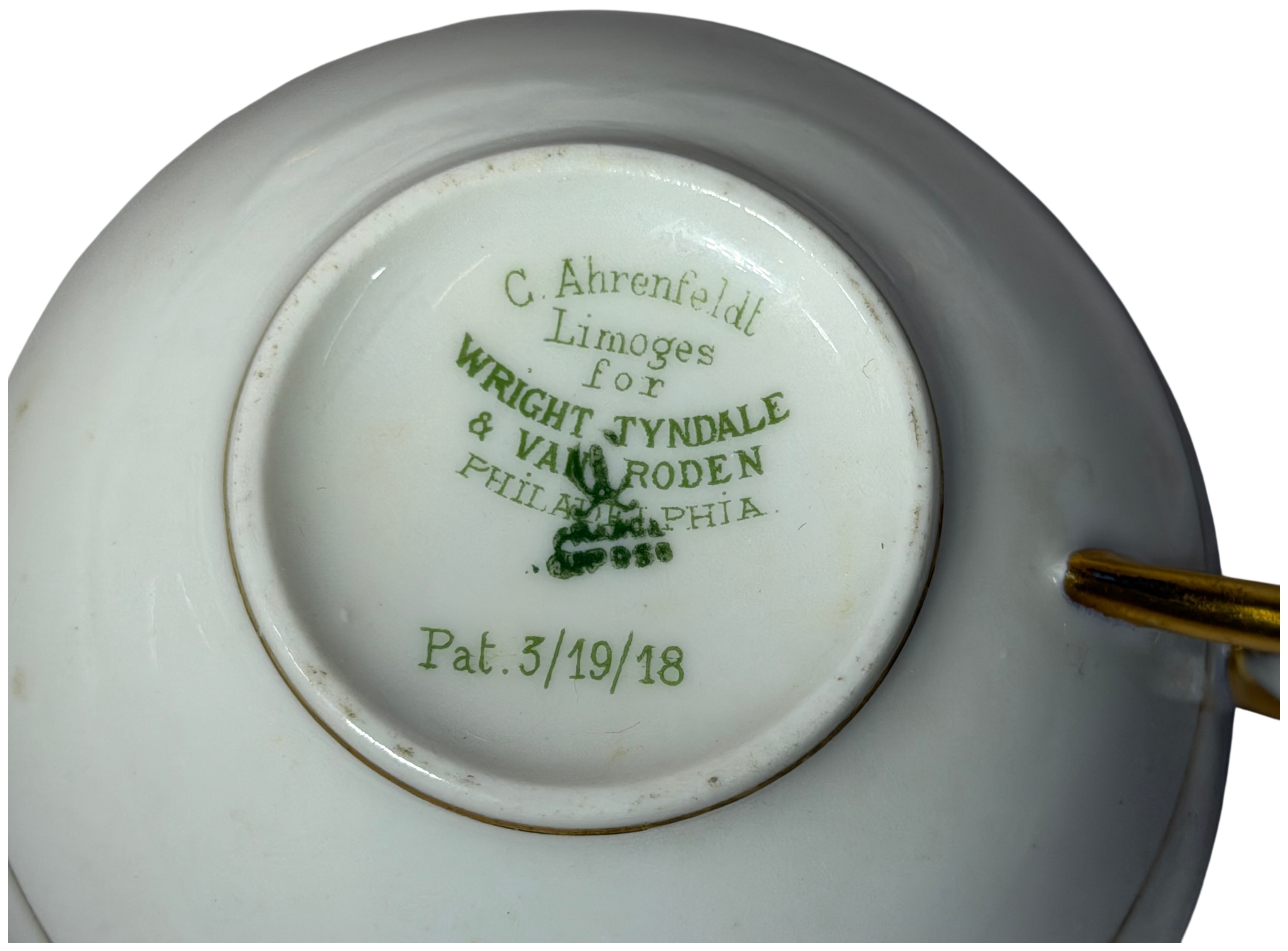 A Set of Charles Ahrenfeldt Limoges Porcelain Teacups and Saucers for Wright Tyndale and Van Roden