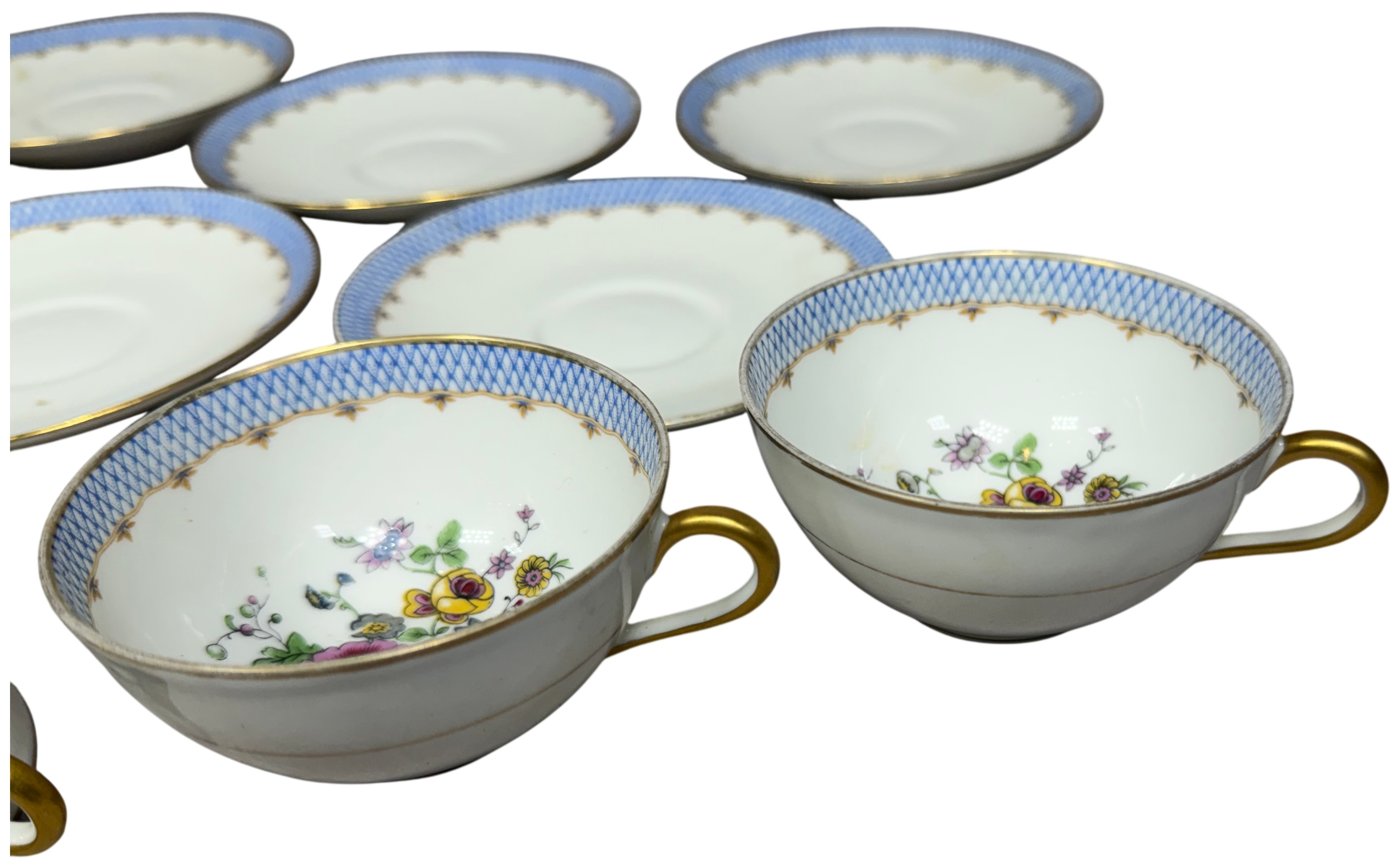 A Set of Charles Ahrenfeldt Limoges Porcelain Teacups and Saucers for Wright Tyndale and Van Roden