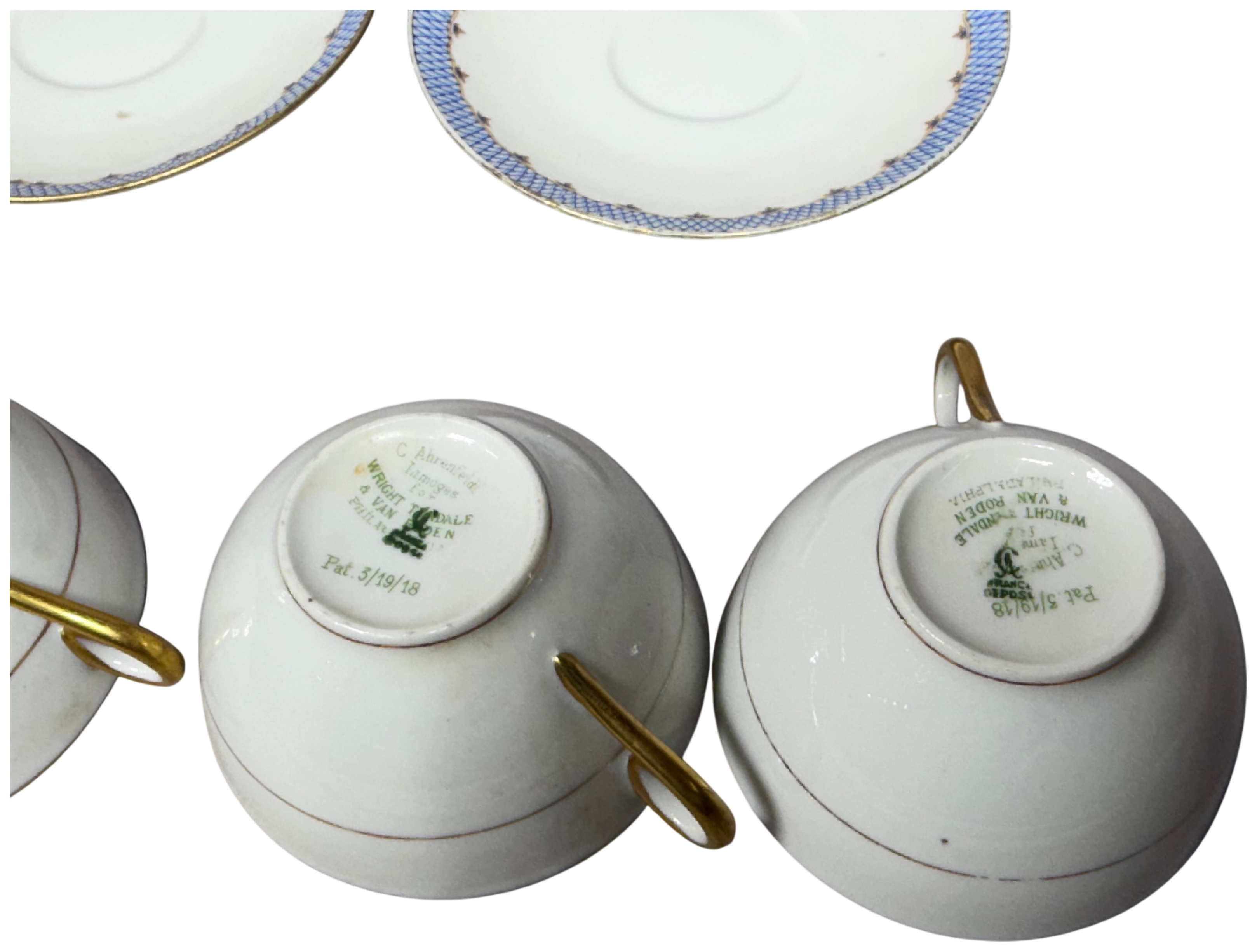 A Set of Charles Ahrenfeldt Limoges Porcelain Teacups and Saucers for Wright Tyndale and Van Roden