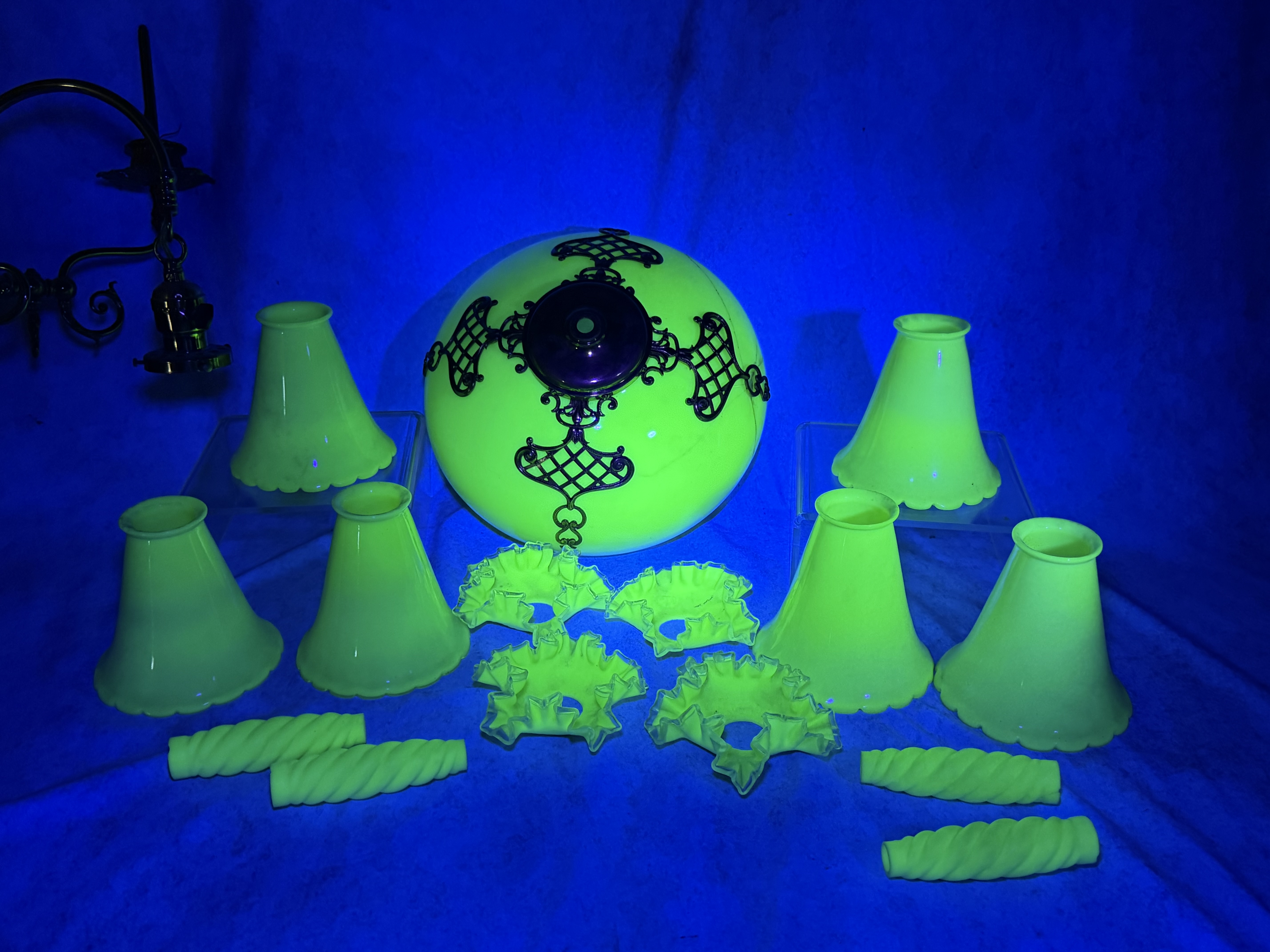 Antique Ornate Brass and Uranium Custard Glass Five Arm Chandelier