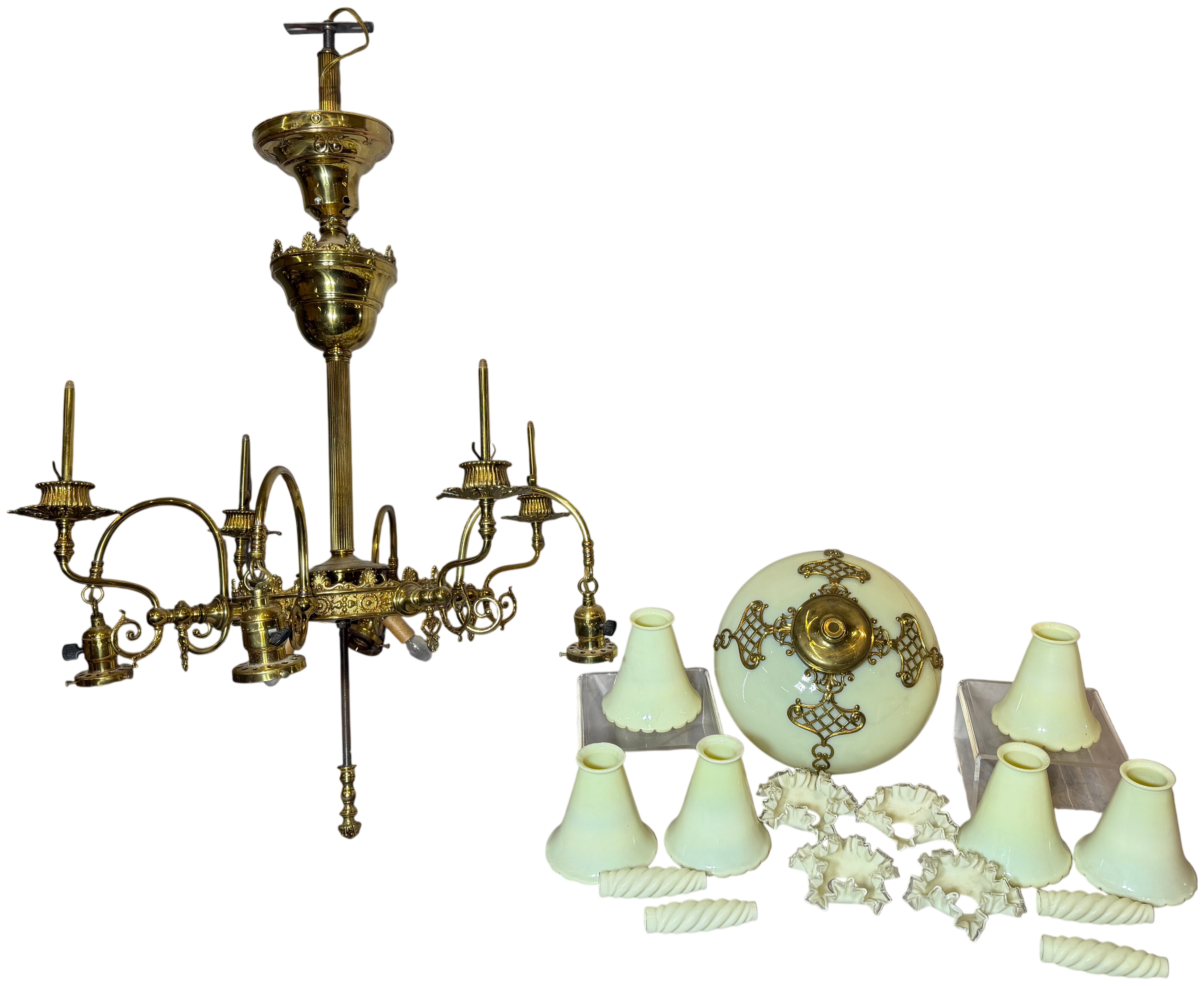 Antique Ornate Brass and Uranium Custard Glass Five Arm Chandelier