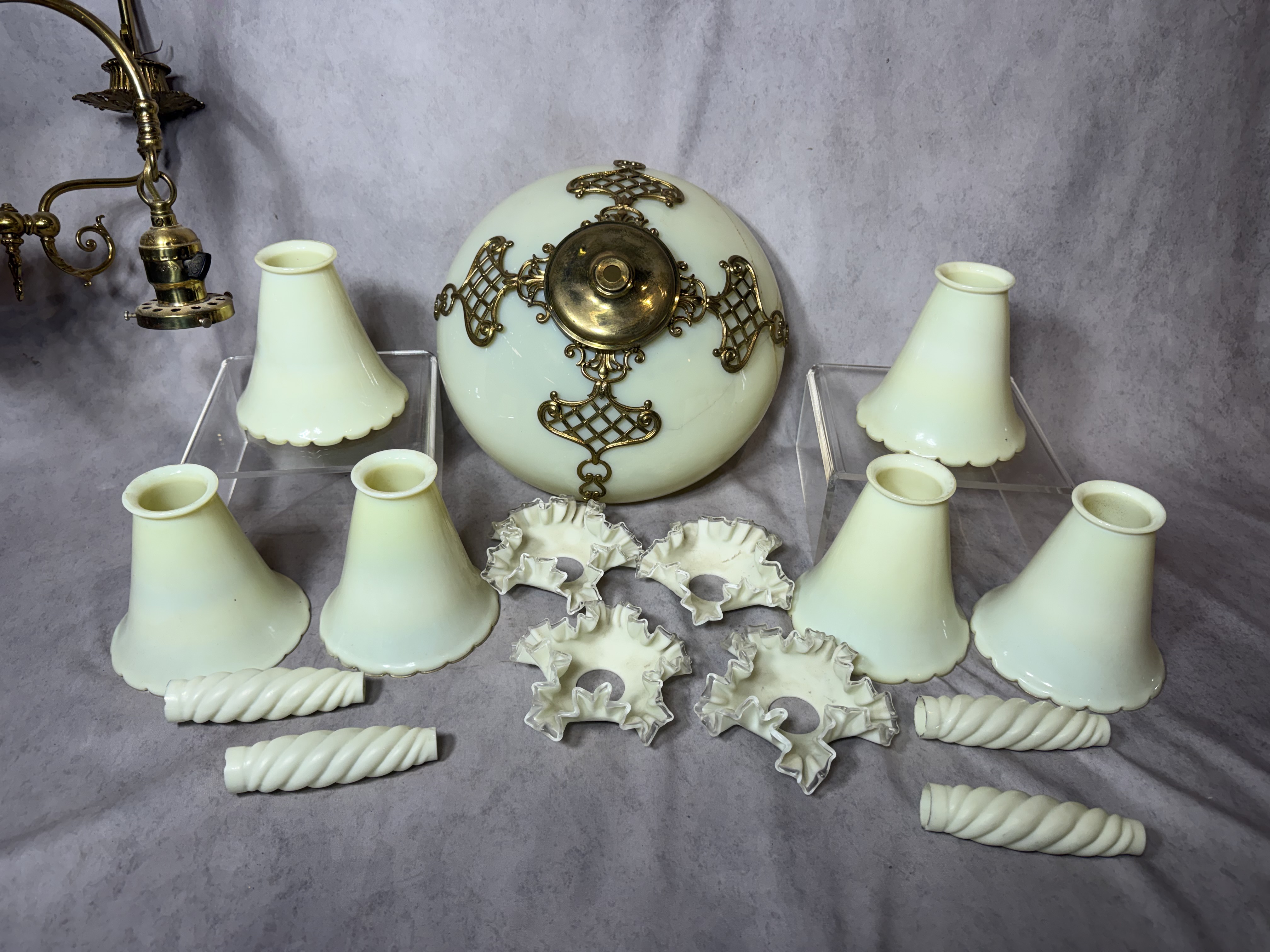 Antique Ornate Brass and Uranium Custard Glass Five Arm Chandelier
