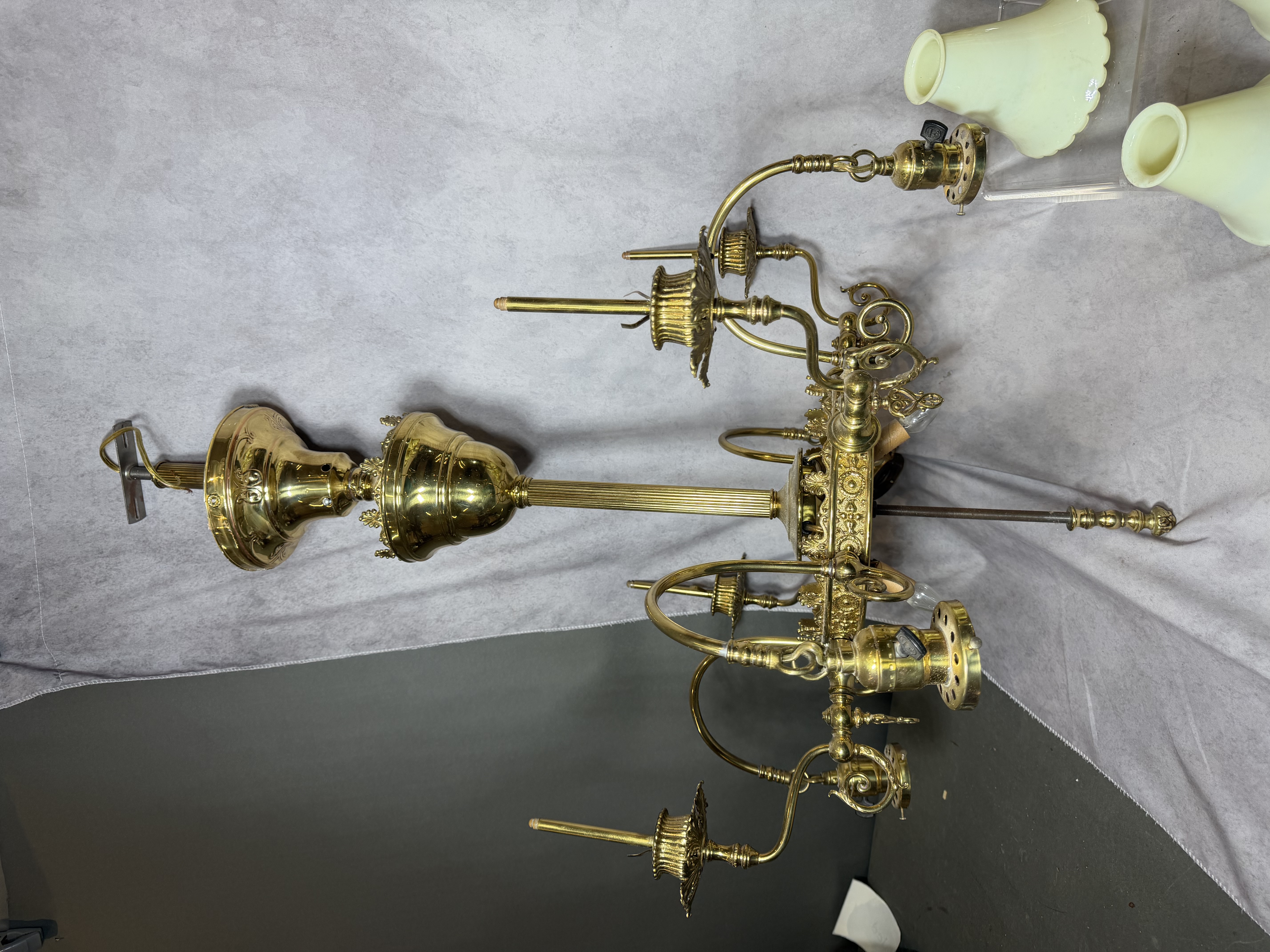 Antique Ornate Brass and Uranium Custard Glass Five Arm Chandelier