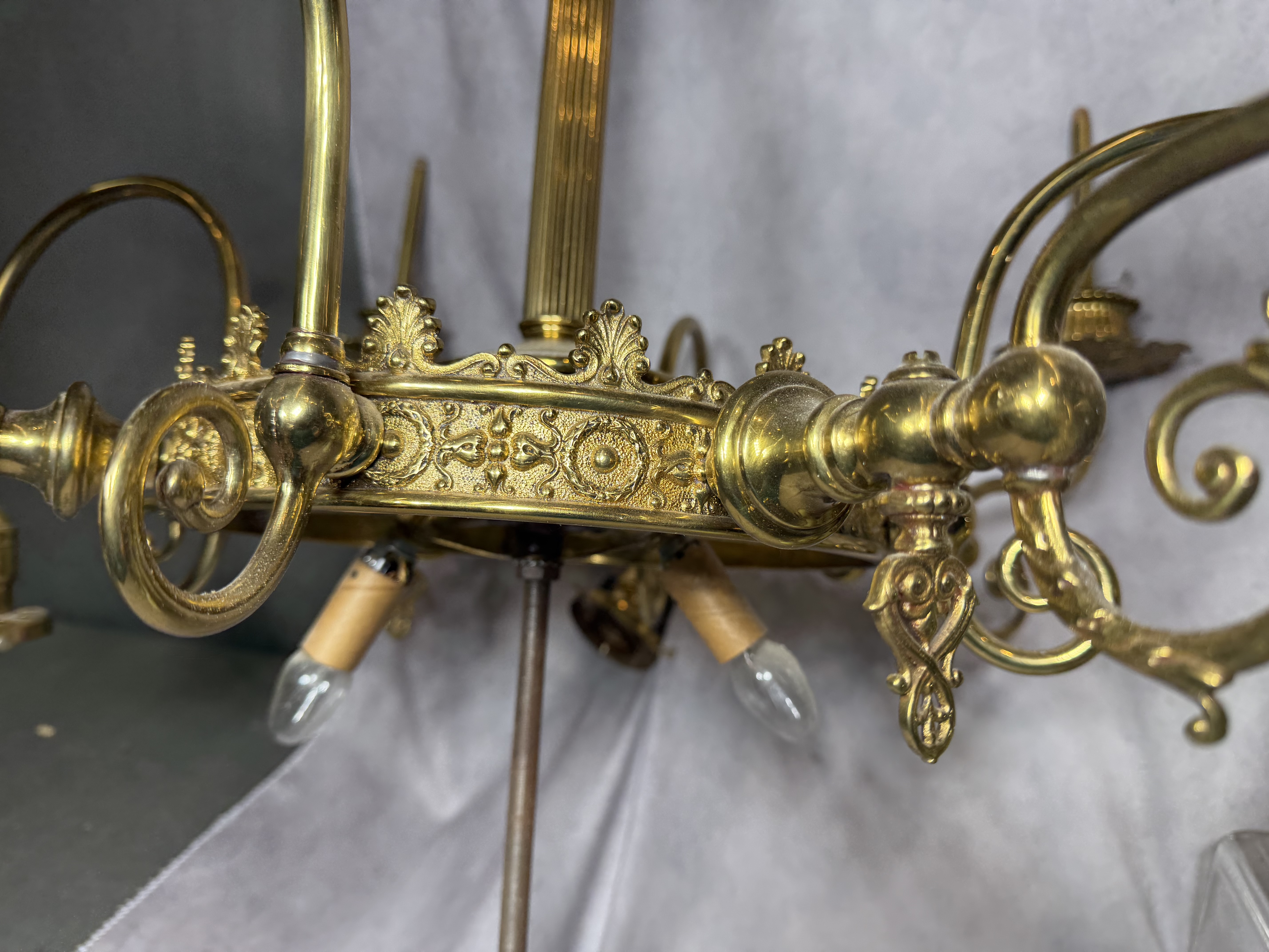 Antique Ornate Brass and Uranium Custard Glass Five Arm Chandelier