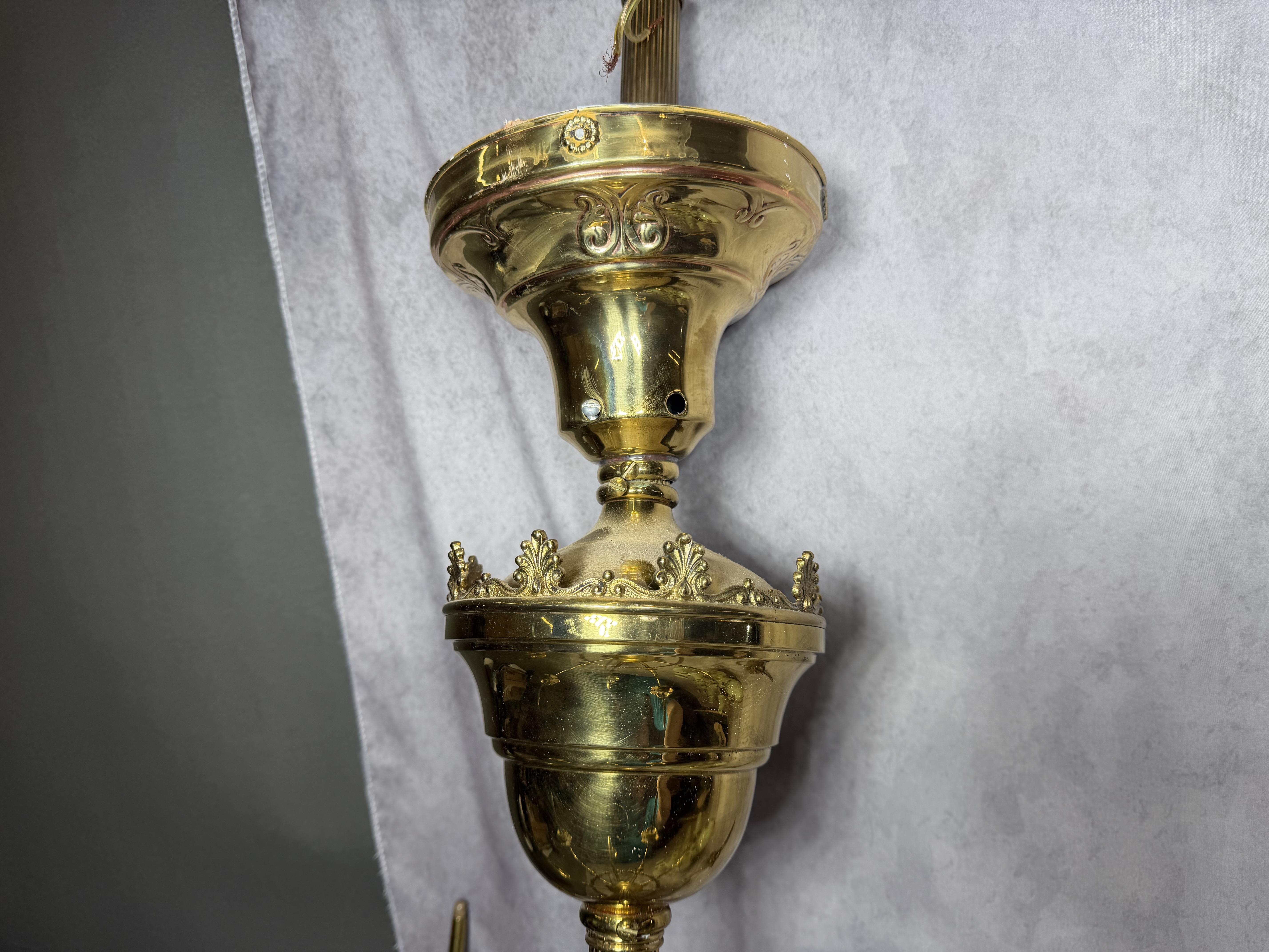 Antique Ornate Brass and Uranium Custard Glass Five Arm Chandelier
