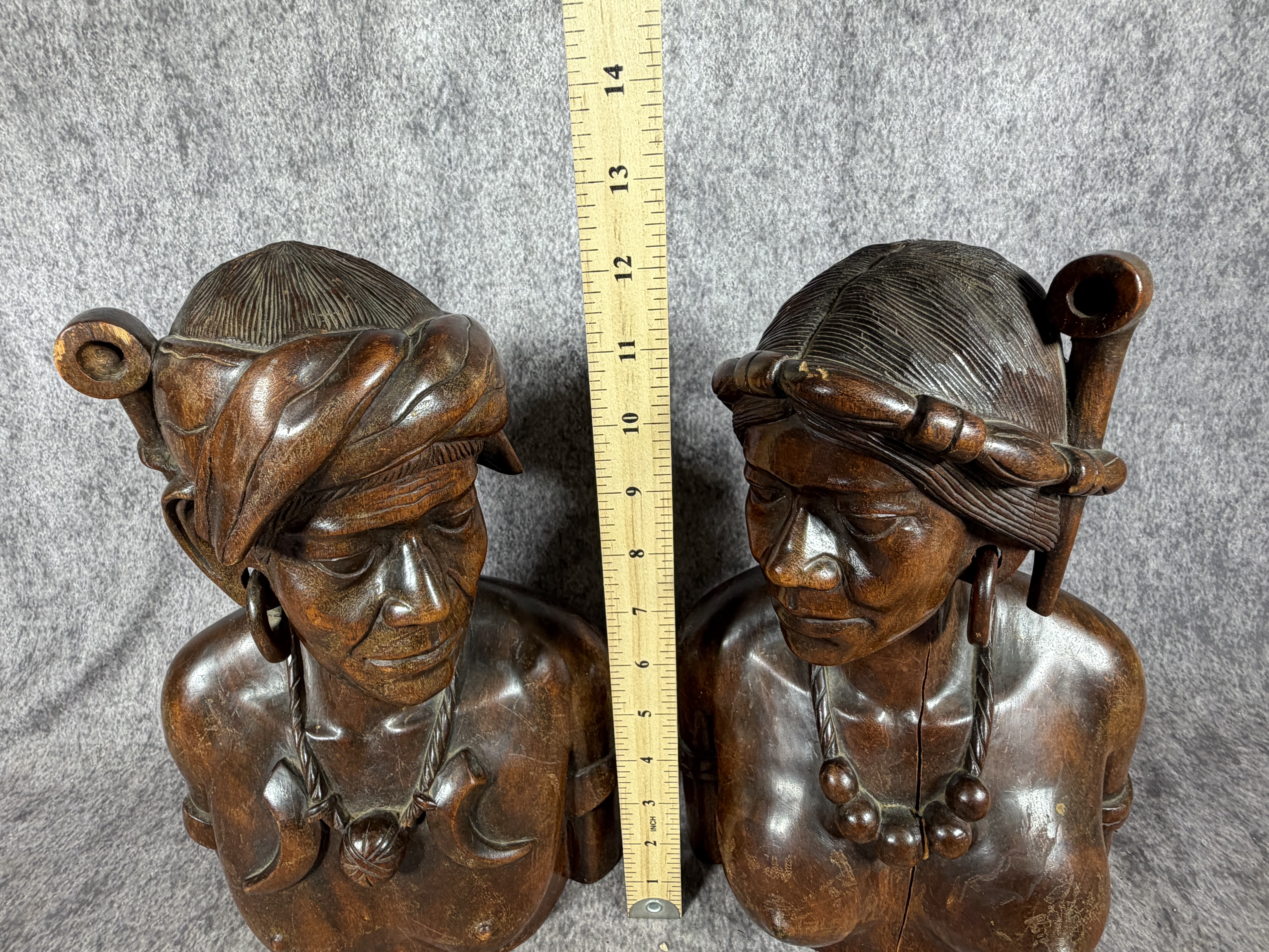 A Pair of Carved Hardwood Tribal Busts in the Style of Igorot Folk Art
