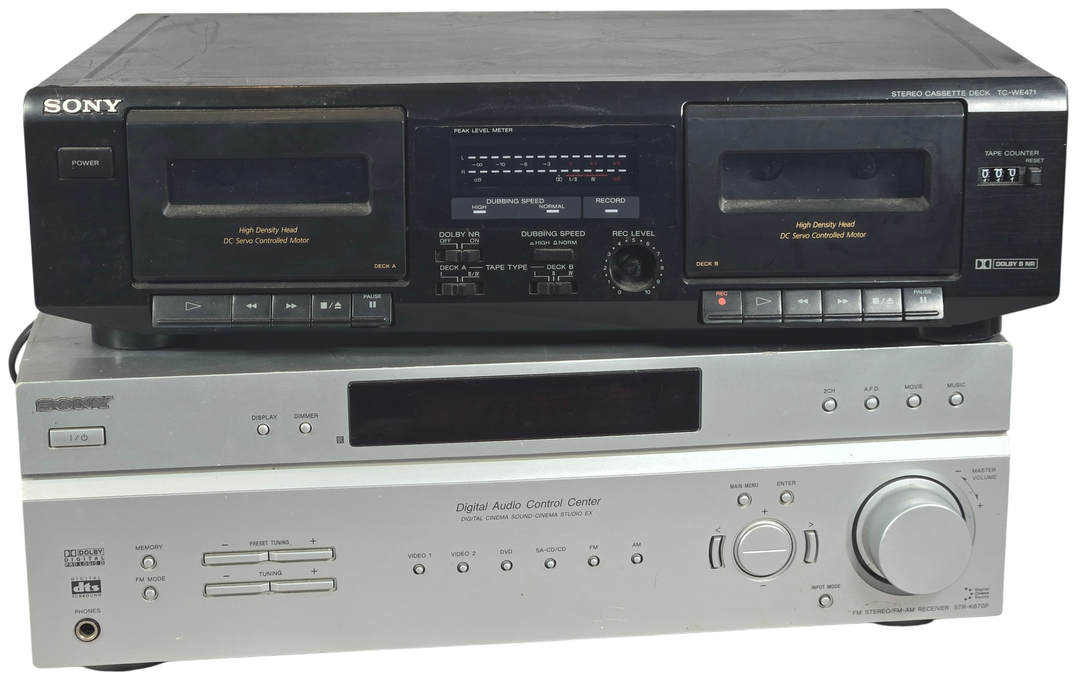 Two Sony Audio Components Including TC-WE471 Cassette Deck and STR-K670P Receiver
