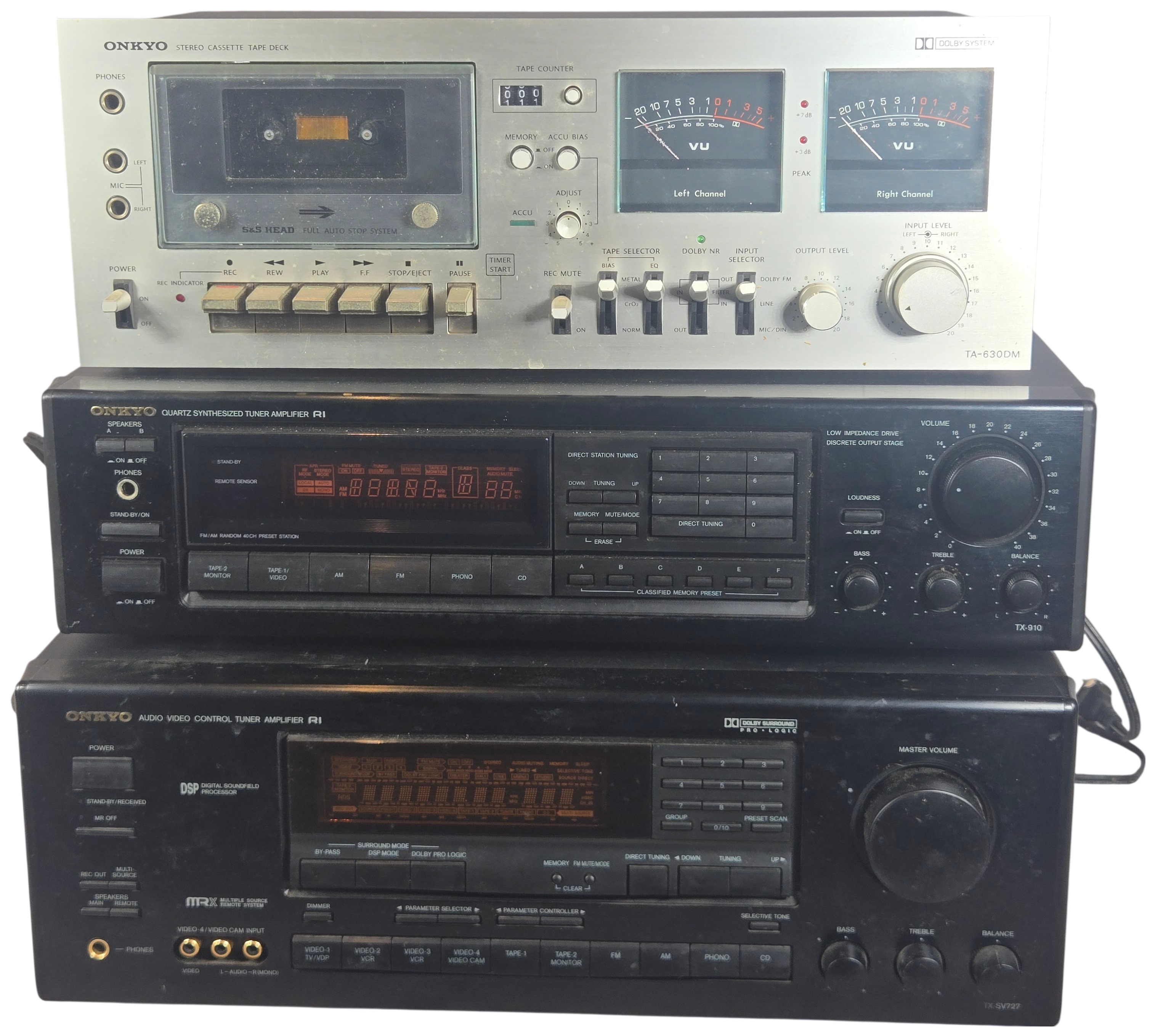 A Trio of Onkyo Vintage Audio Components Including Tape Deck and Tuner Amplifiers