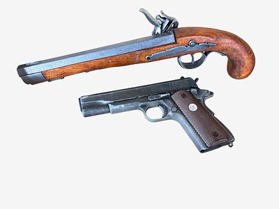 Two Non-Firing Replica Pistols Including a Denix Flintlock and an MGC M1911A1. This lot features 