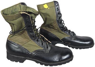 A Pair of US Military Vietnam Era Bata Jungle Boots. A pair of black leather and olive drab 