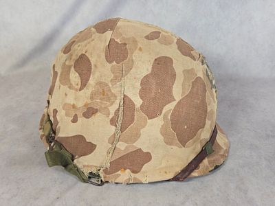 USMC M1 Fixed Bail Helmet with Blue Anchor Camouflage Cover and Liner. This United States Marine 