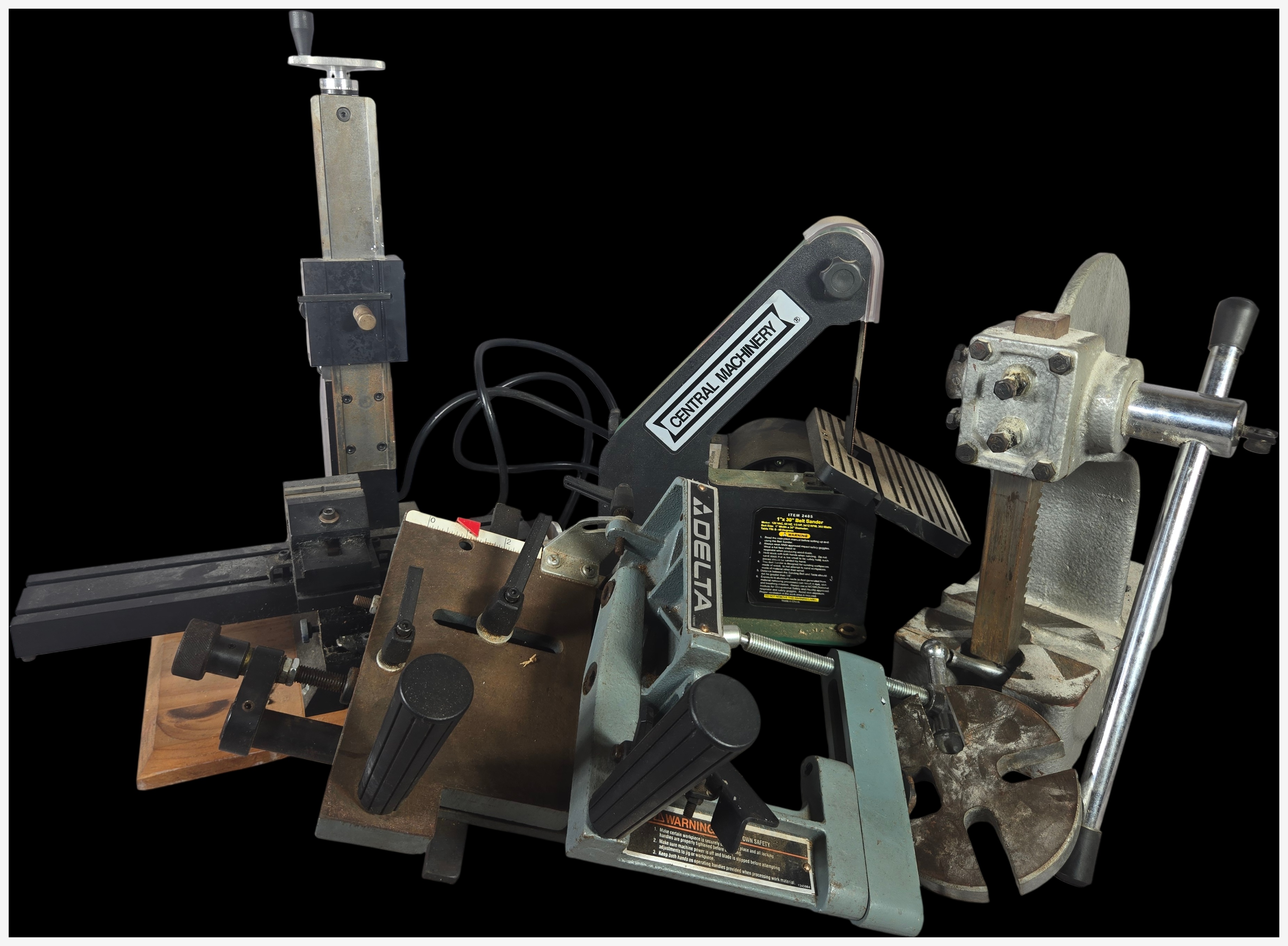 An Assortment of Benchtop Workshop Tools and Machine Accessories Including Delta and Central Machinery