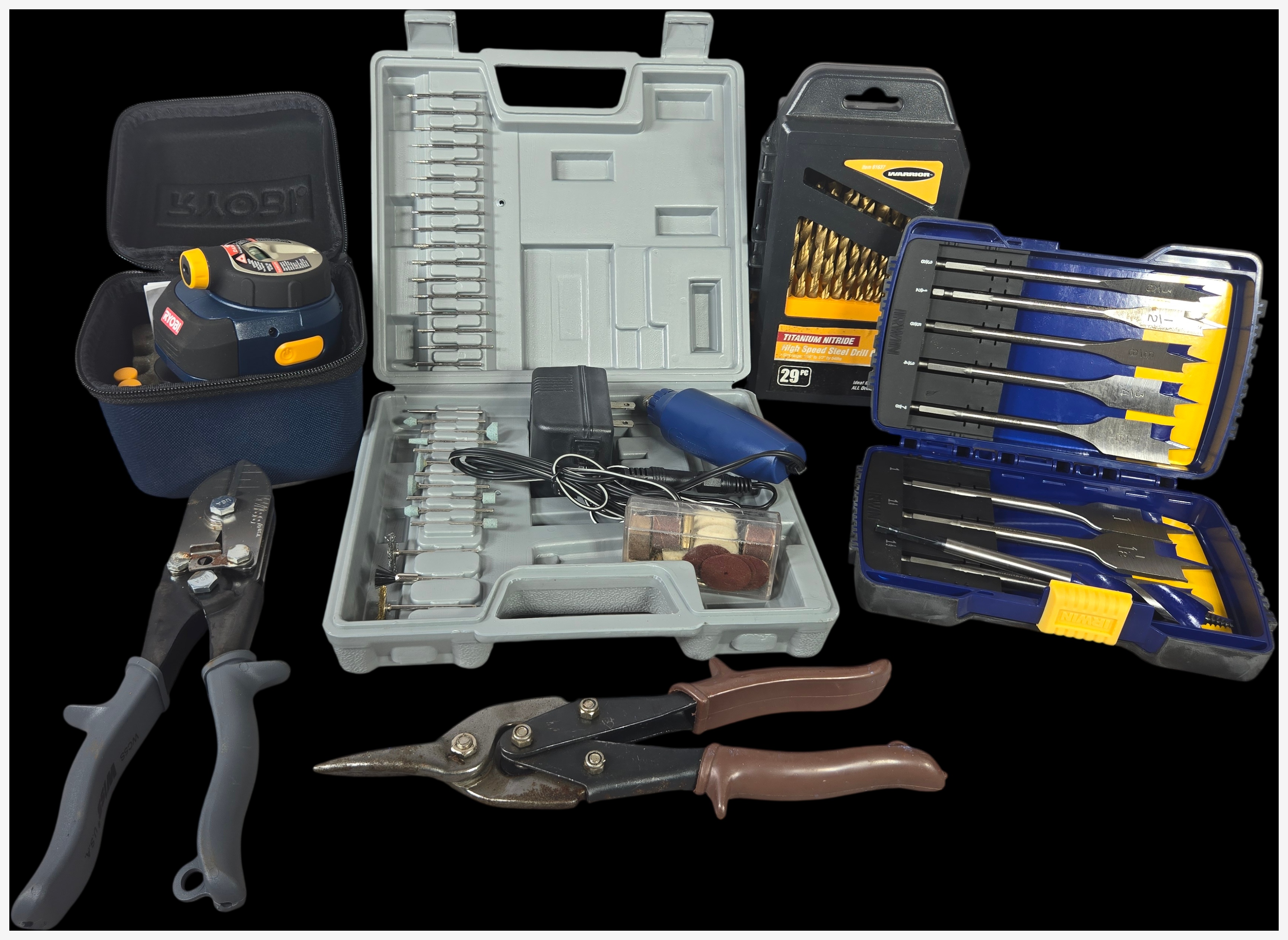 An Assortment of Workshop Hand Tools and Accessories Including Ryobi, Irwin, and Wiss