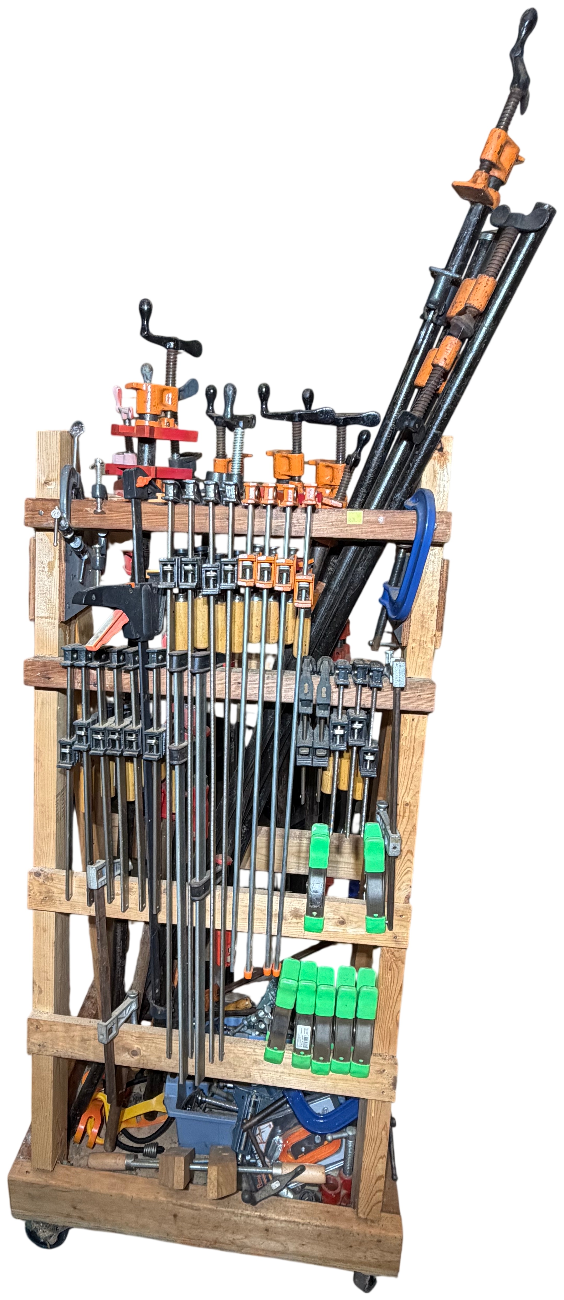 A Collection of Woodworking Clamps and a Mobile Storage Rack