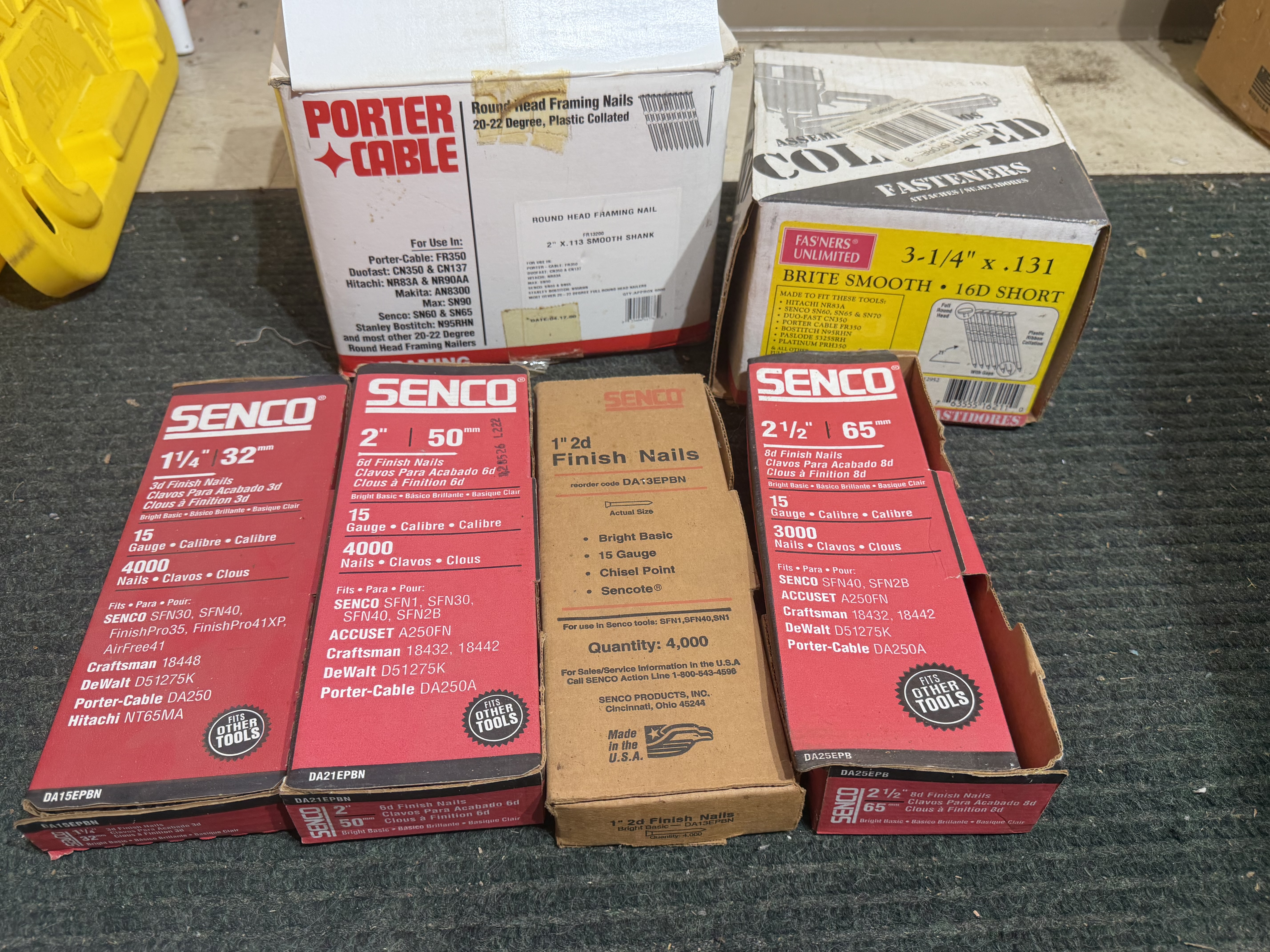 An Assortment of Pneumatic Framing and Finish Nails by Senco, Porter-Cable, and Fas’Ners Unlimited