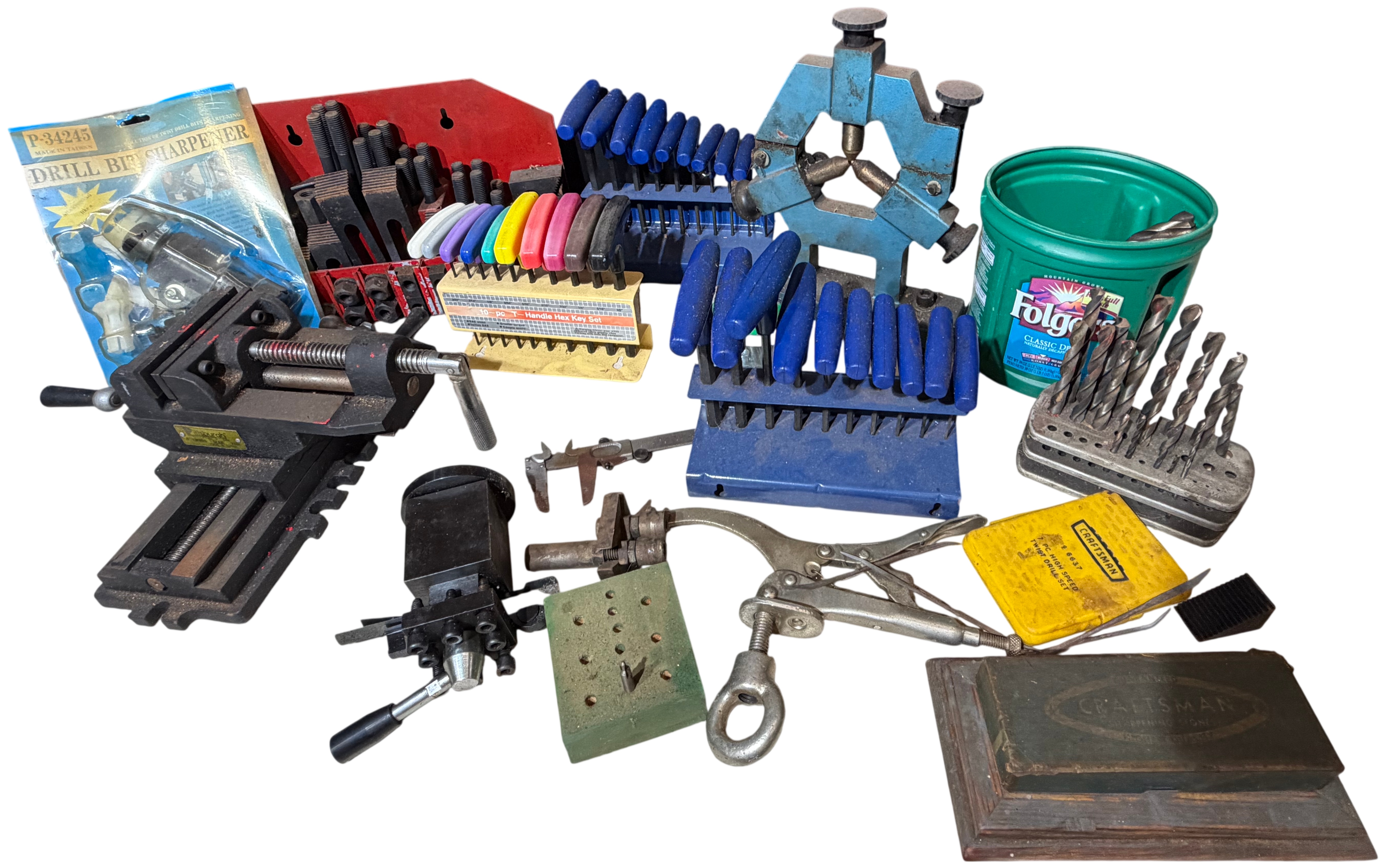An Assortment of Mill and Lathe Tooling Equipment including a Pittsburgh Cross-Slide Vise and Clamping Kit