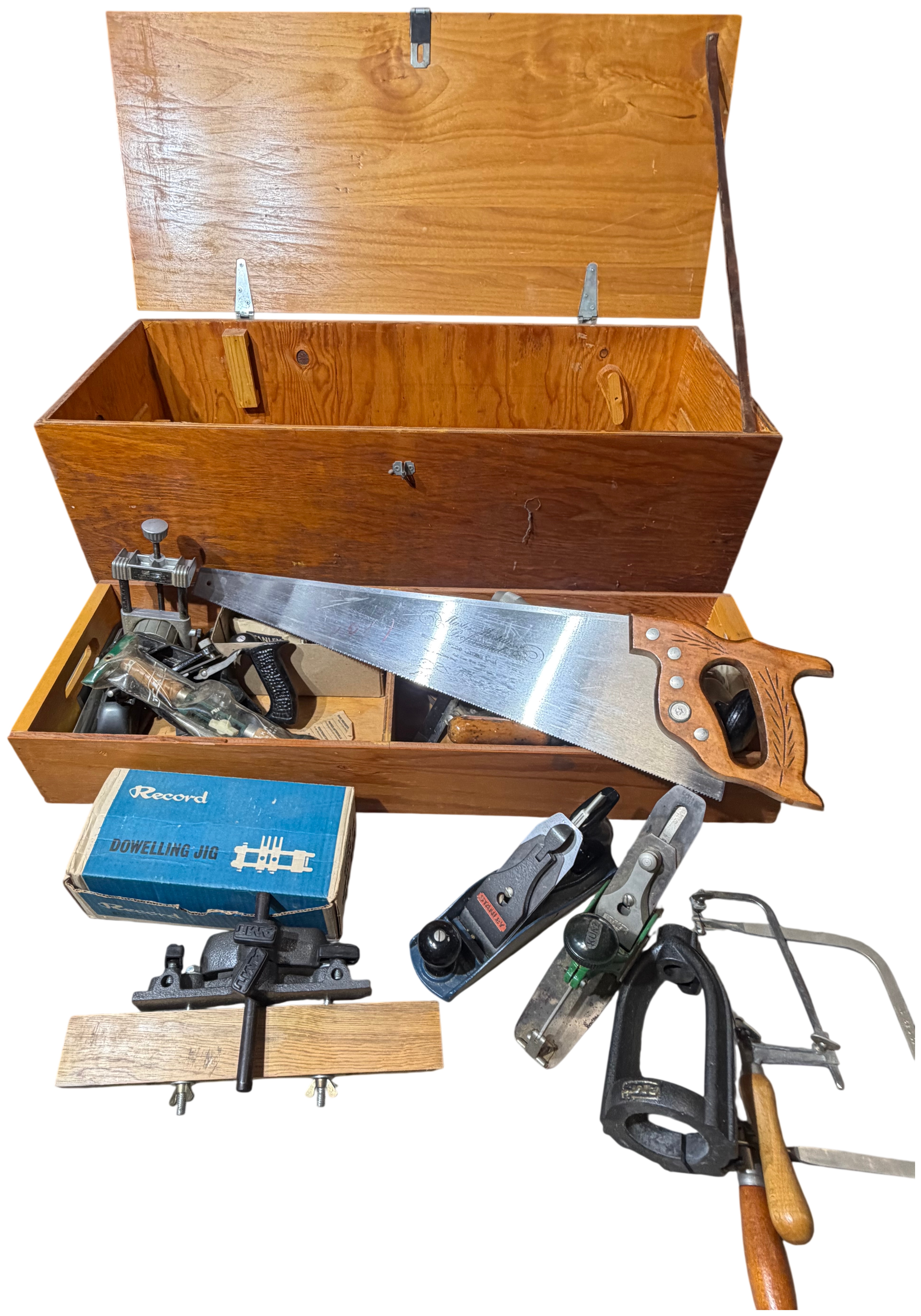 A Collection of Vintage Woodworking Tools Including Disston Saw and Stanley Block Plane with Pine Tool Chest