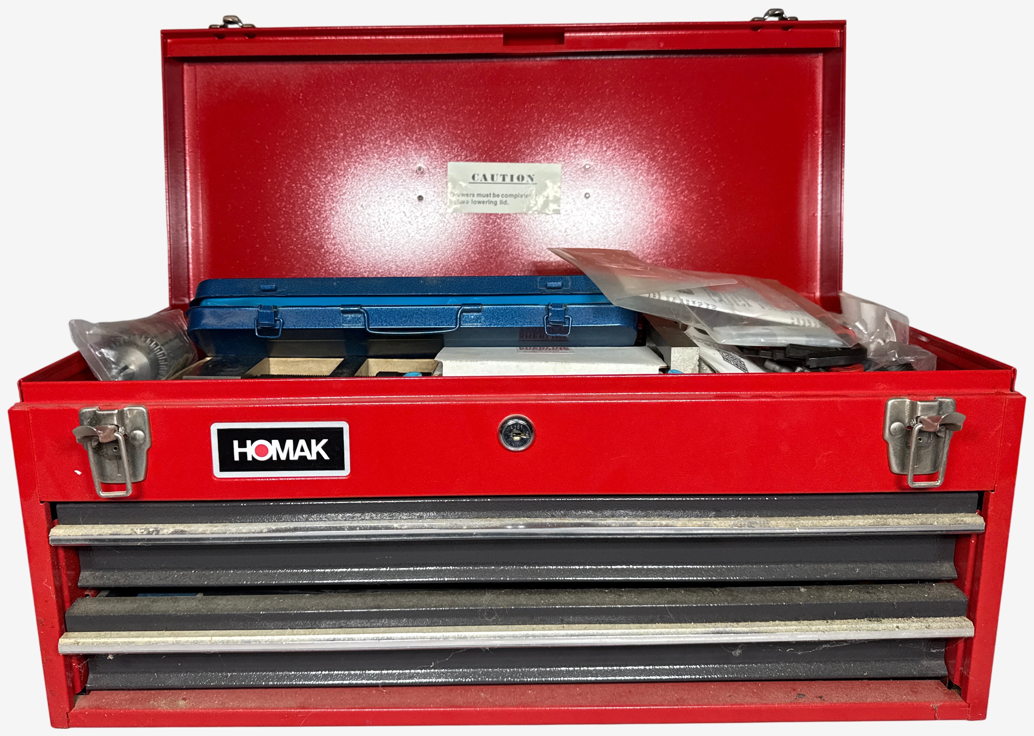 Homak Three Drawer Portable Steel Toolbox with An Assortment of Sherline Precision Machining Accessories