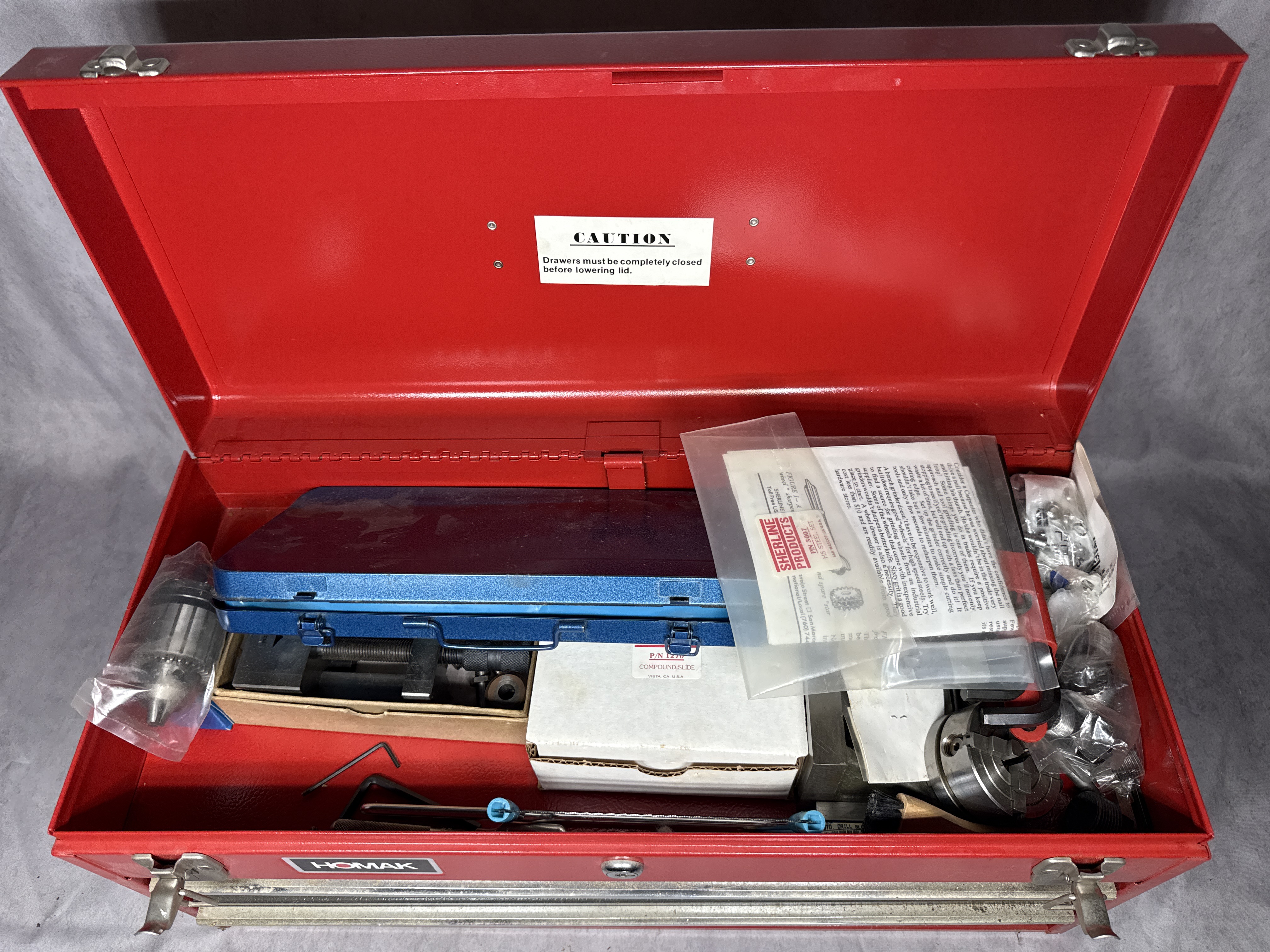 Homak Three Drawer Portable Steel Toolbox with An Assortment of Sherline Precision Machining Accessories