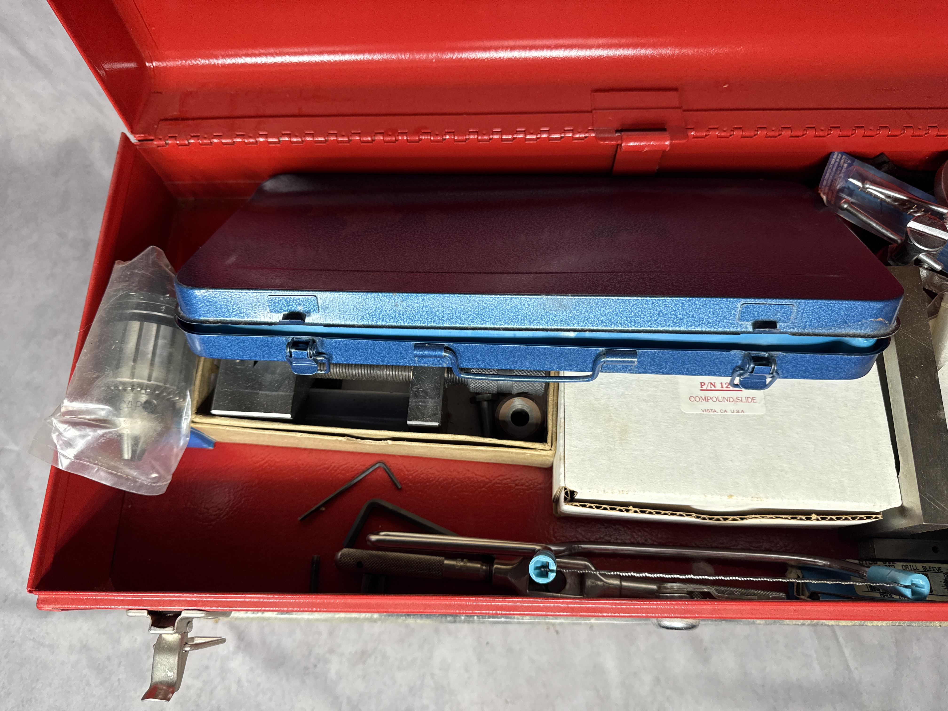 Homak Three Drawer Portable Steel Toolbox with An Assortment of Sherline Precision Machining Accessories
