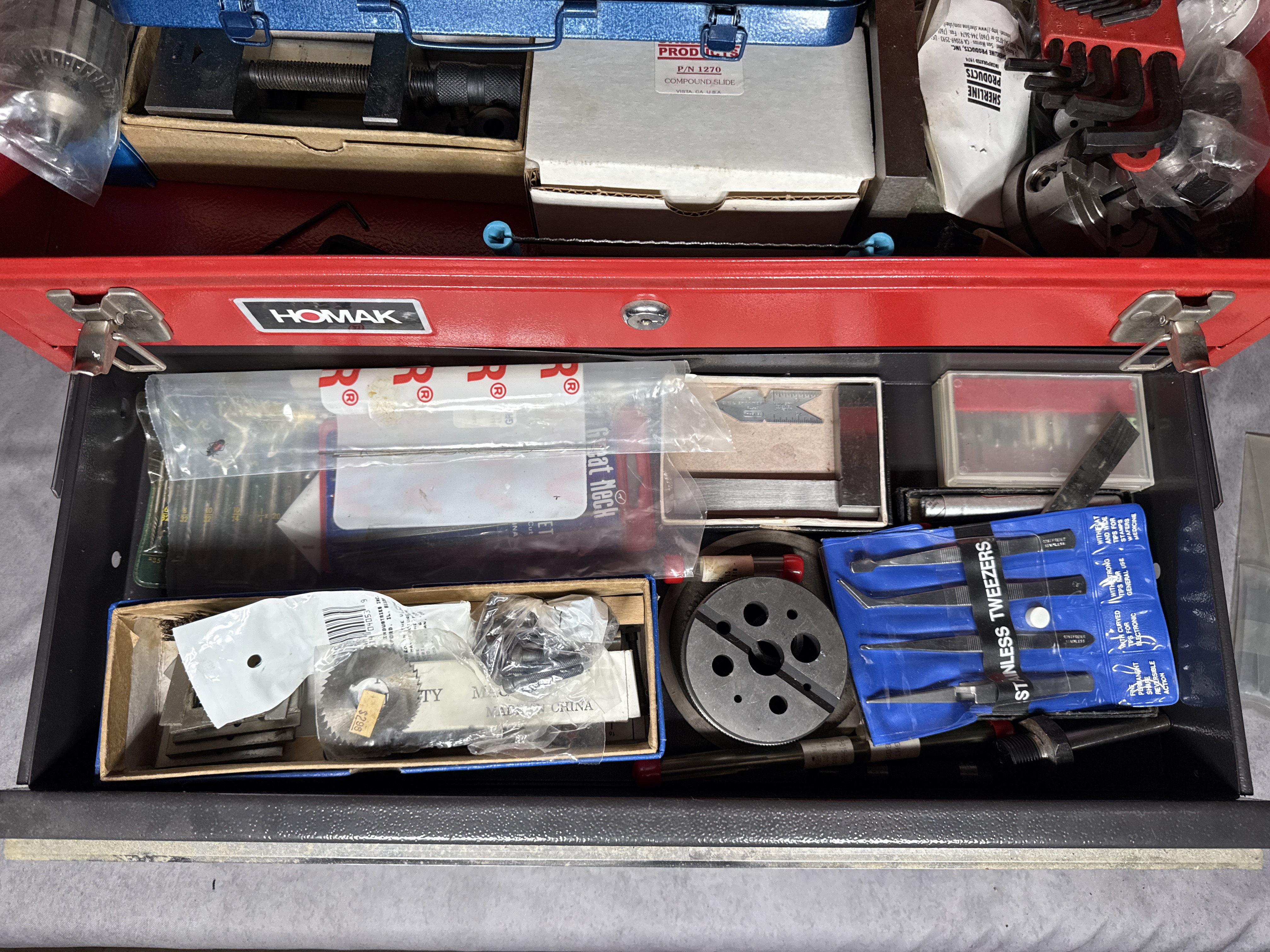 Homak Three Drawer Portable Steel Toolbox with An Assortment of Sherline Precision Machining Accessories