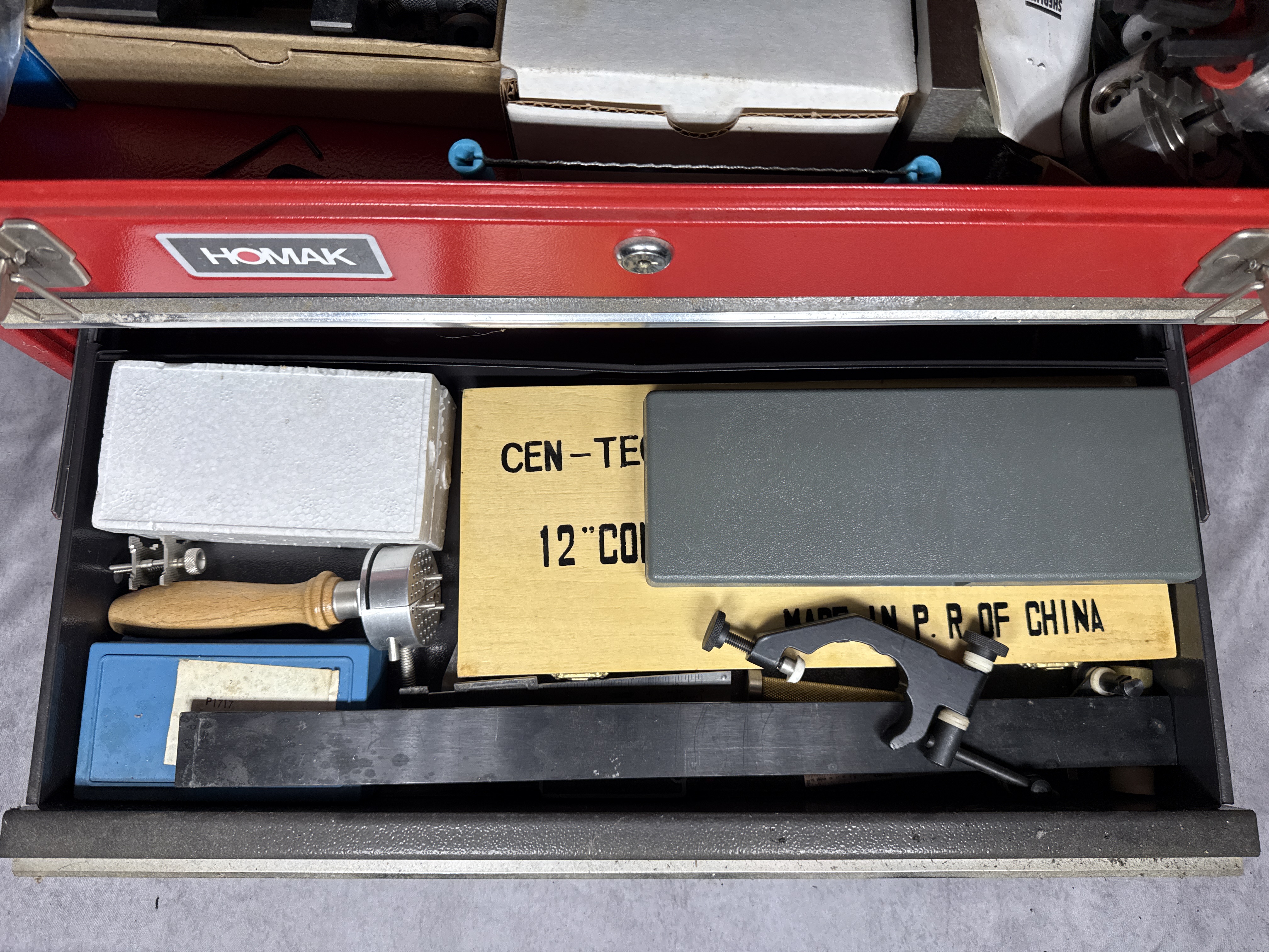 Homak Three Drawer Portable Steel Toolbox with An Assortment of Sherline Precision Machining Accessories
