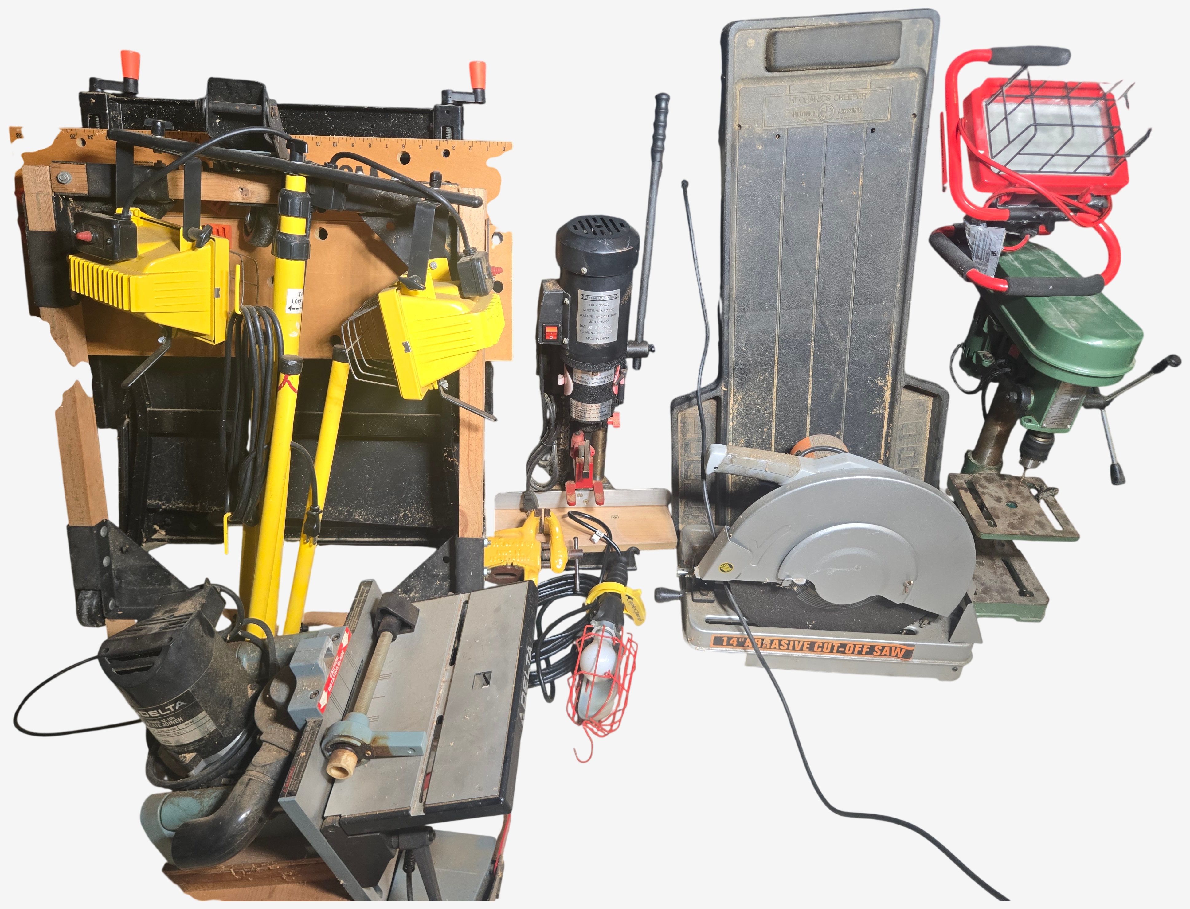 An Assortment of Workshop Power Tools, Equipment, and Portable Lighting