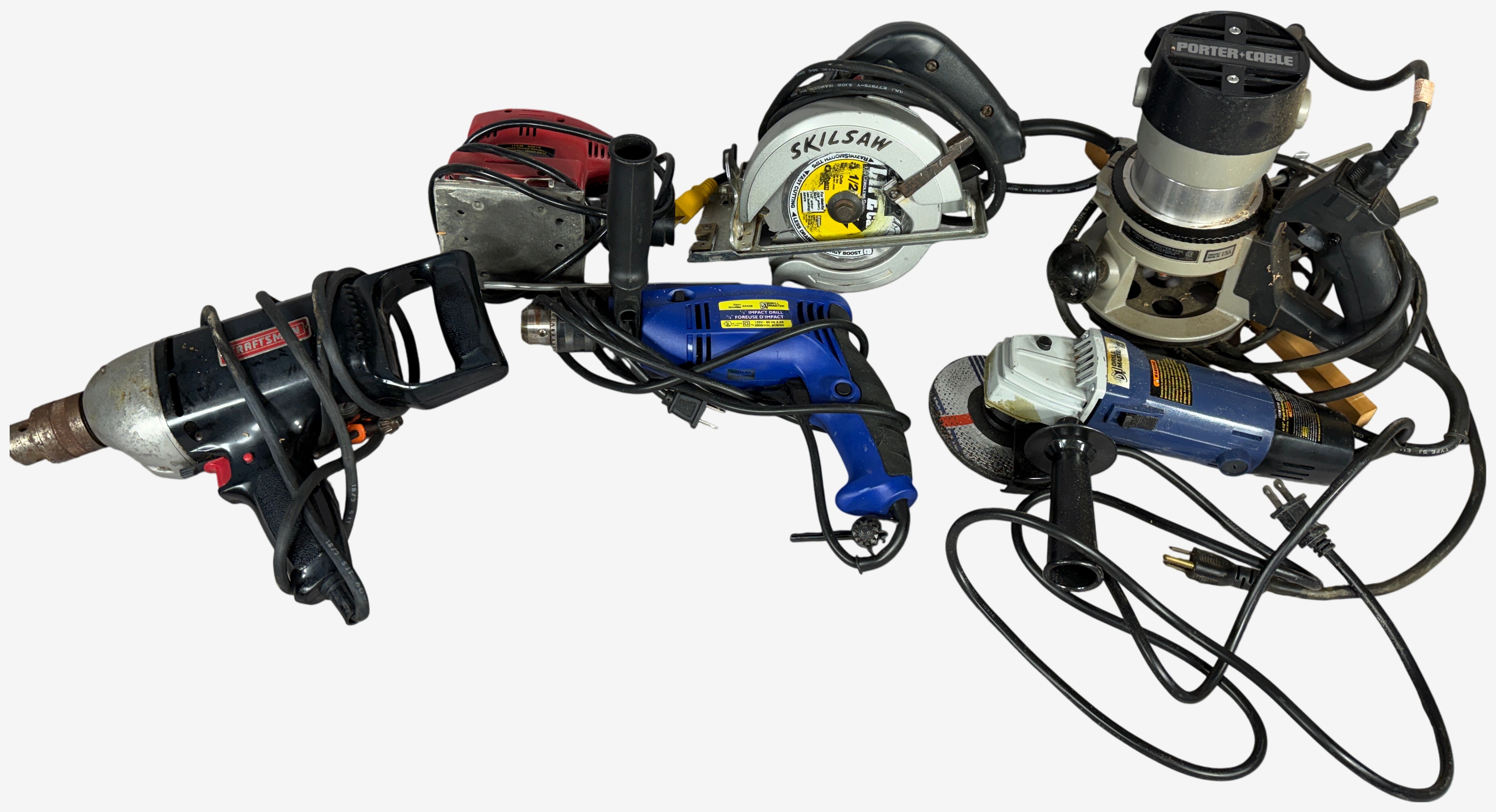 A Group of Corded Handheld Power Tools Including Porter-Cable, Skilsaw, and Craftsman