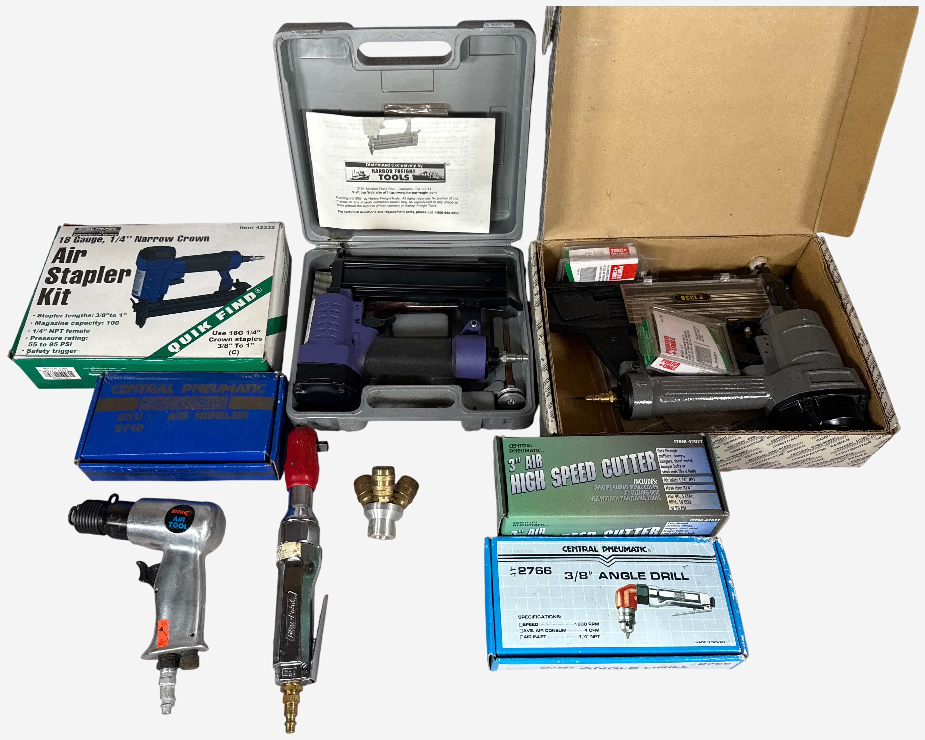An Assortment of Pneumatic Power Tools and Accessories Including Central Pneumatic, Blue-Point, and Marki