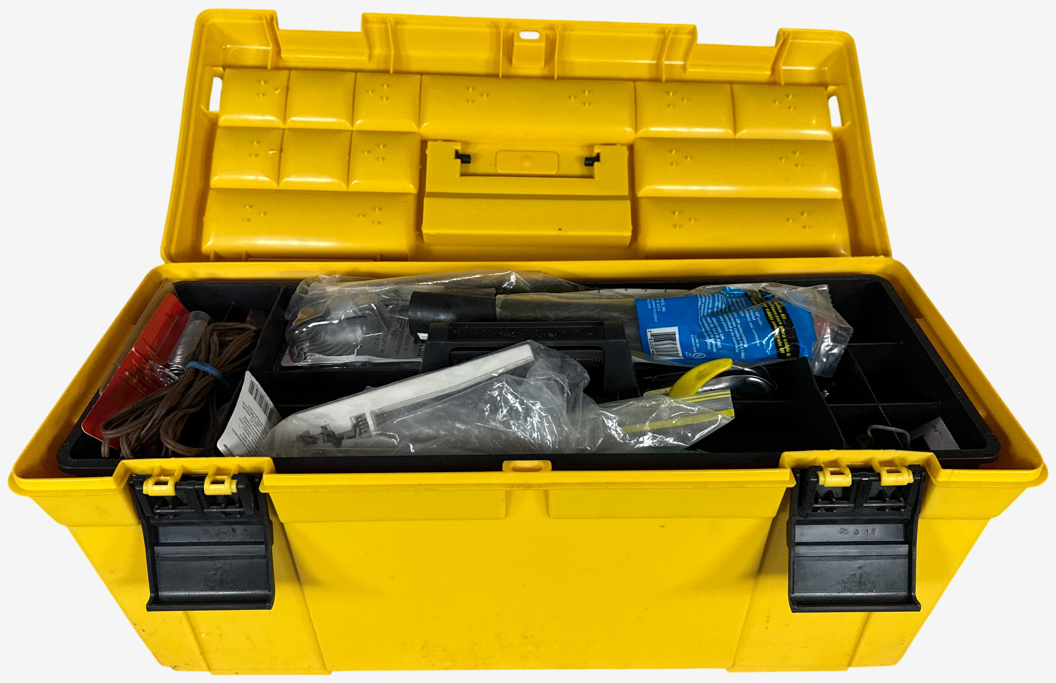 An Assortment of Electrical and Networking Tools and Supplies with a Yellow Plastic Toolbox