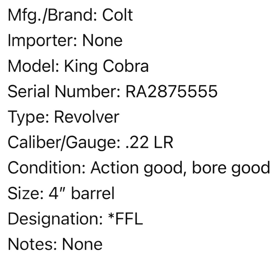** Colt King Cobra Double Action Revolver .22 LR with 4 Inch Barrel