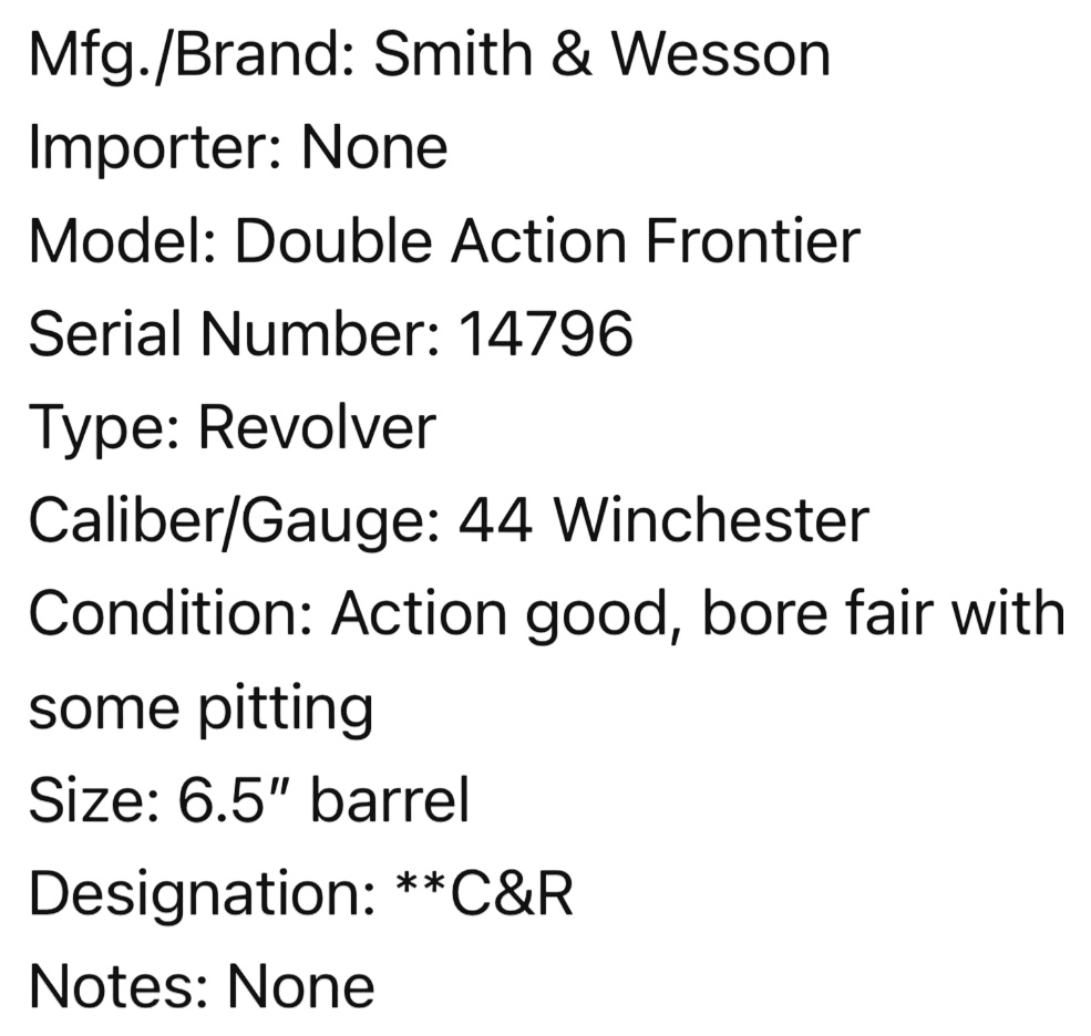 * Smith & Wesson Double Action Frontier Double Action Revolver .44 Winchester with 6.5 Inch Barrel