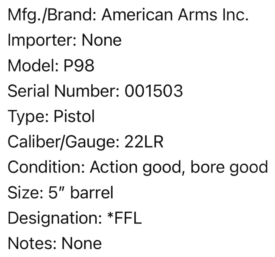 ** American Arms Inc. P98 Semi-Automatic Pistol .22 LR with 5 Inch Barrel
