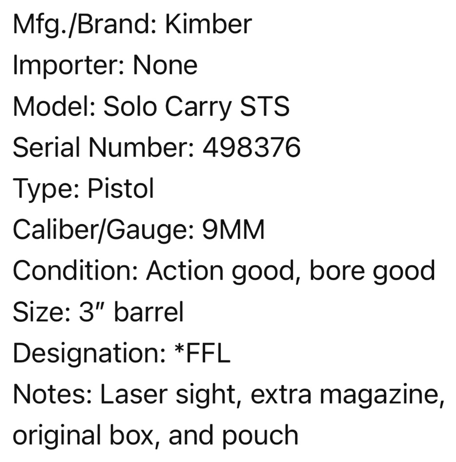 ** Kimber Solo Carry STS Semi-Automatic Pistol 9mm with 3 Inch Barrel