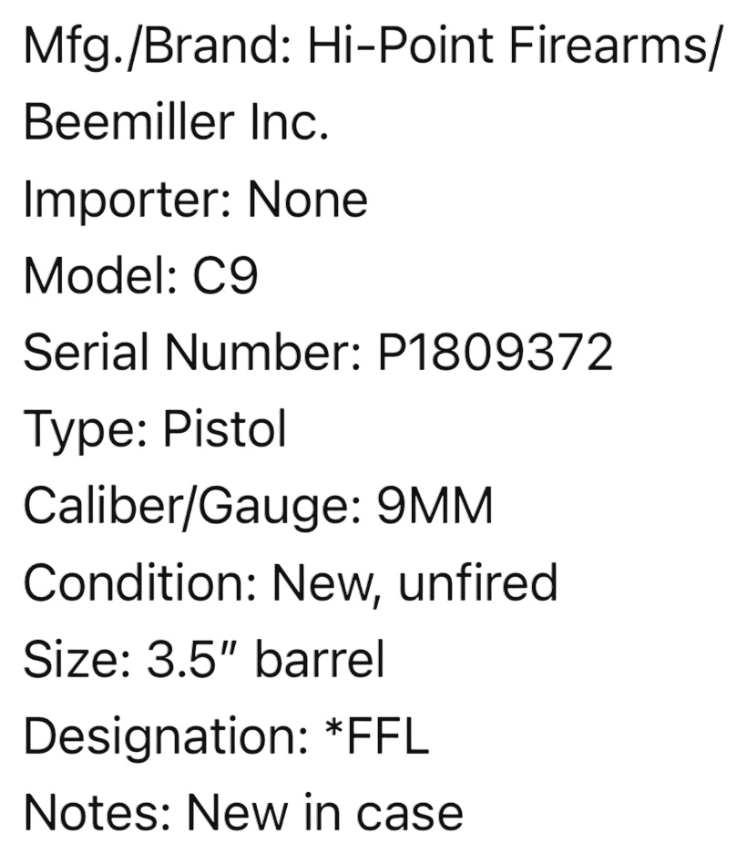 ** Hi-Point Model C9 Semi-Automatic Pistol 9mm Luger with 3.5 Inch Barrel