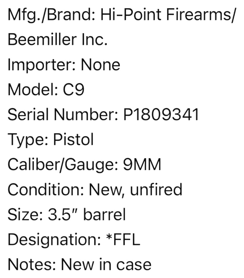 ** Hi-Point C9 Semi-Automatic Pistol 9mm with 3.5 Inch Barrel