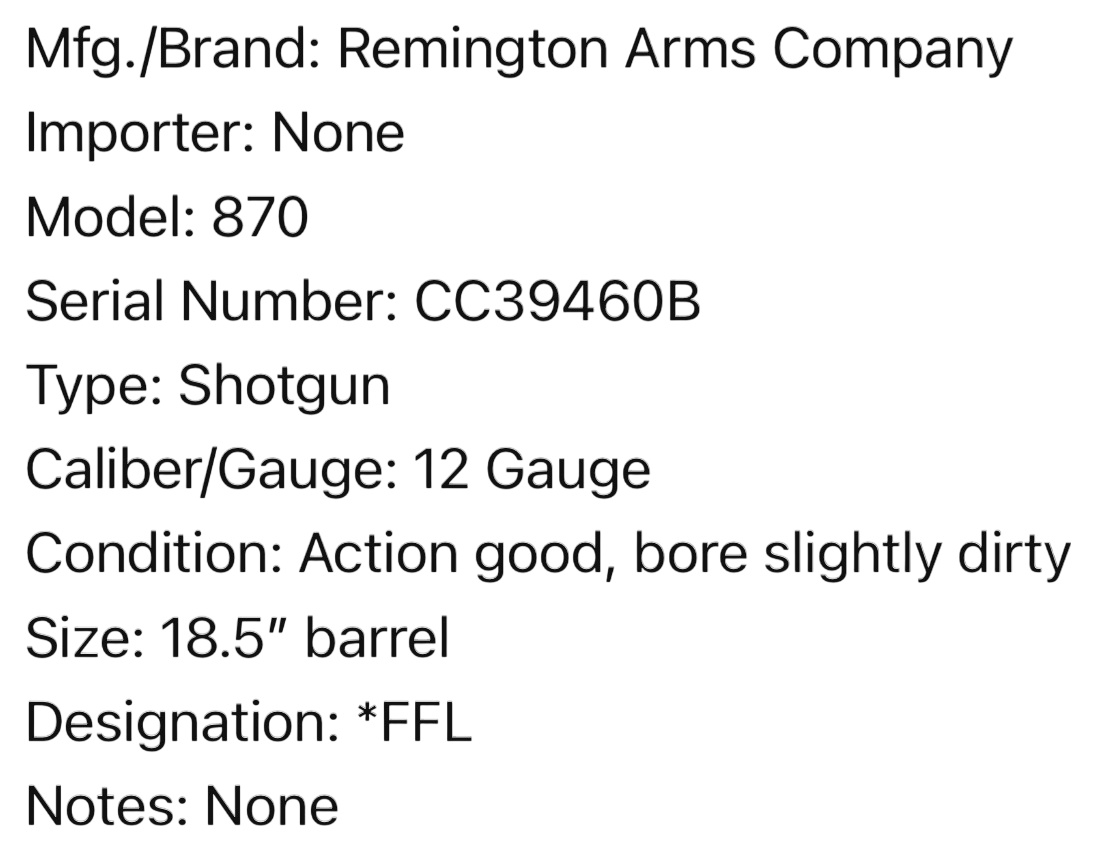 ** Remington Model 870 Pump Action Shotgun 12 Gauge with 18.5 Inch Barrel