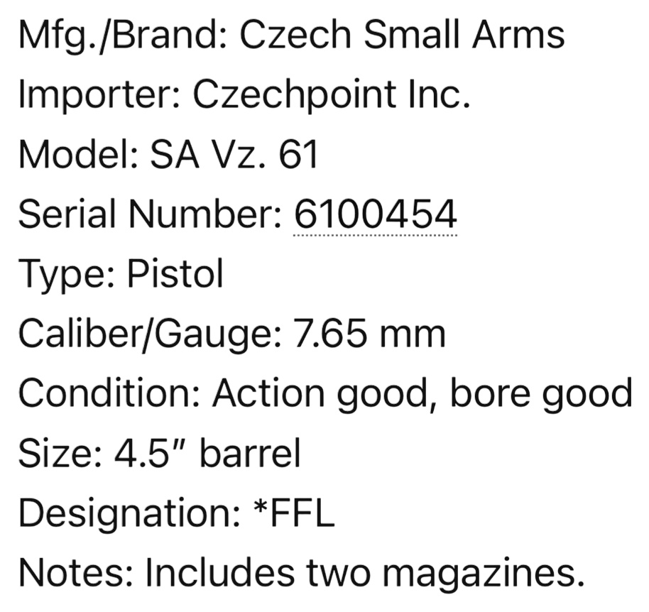 ** Czech Small Arms SA Vz. 61 Semi-Automatic Pistol 7.65 mm with 4.5 Inch Barrel