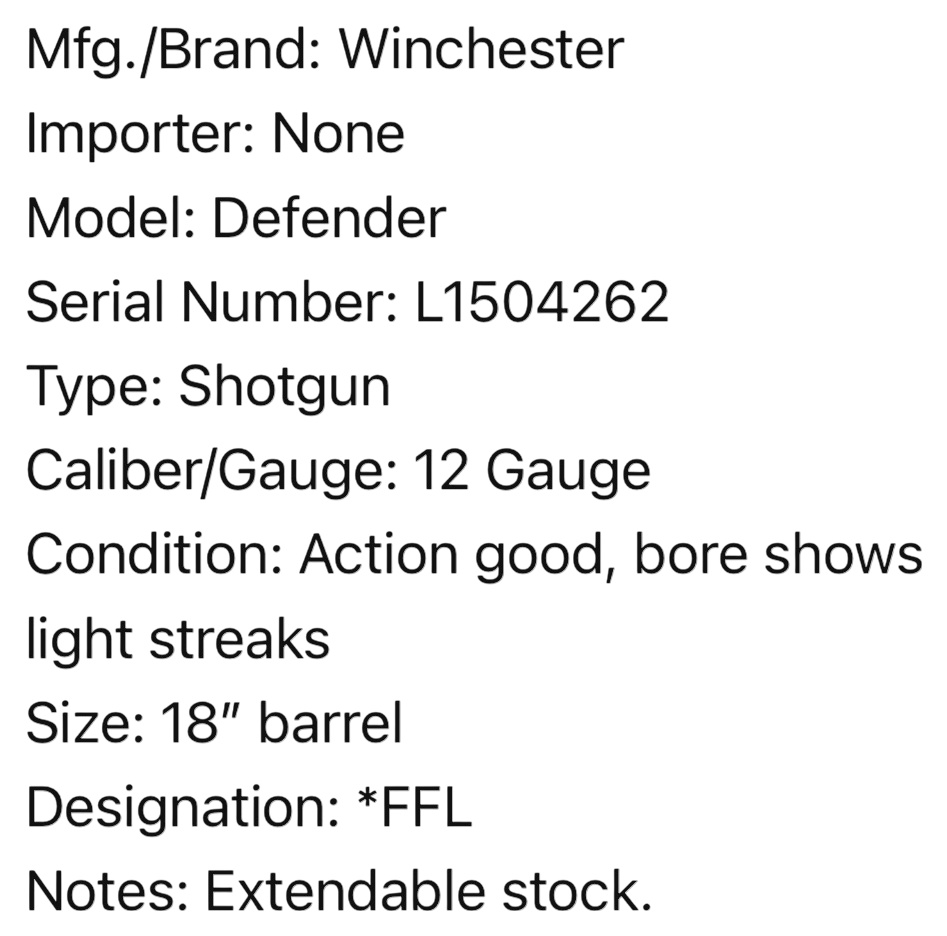 ** Winchester Defender Pump Action Shotgun 12 Gauge with 18 Inch Barrel
