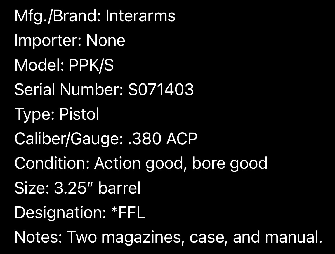 ** Interarms PPK/S Semi-Automatic Pistol .380 ACP with 3.25 Inch Barrel