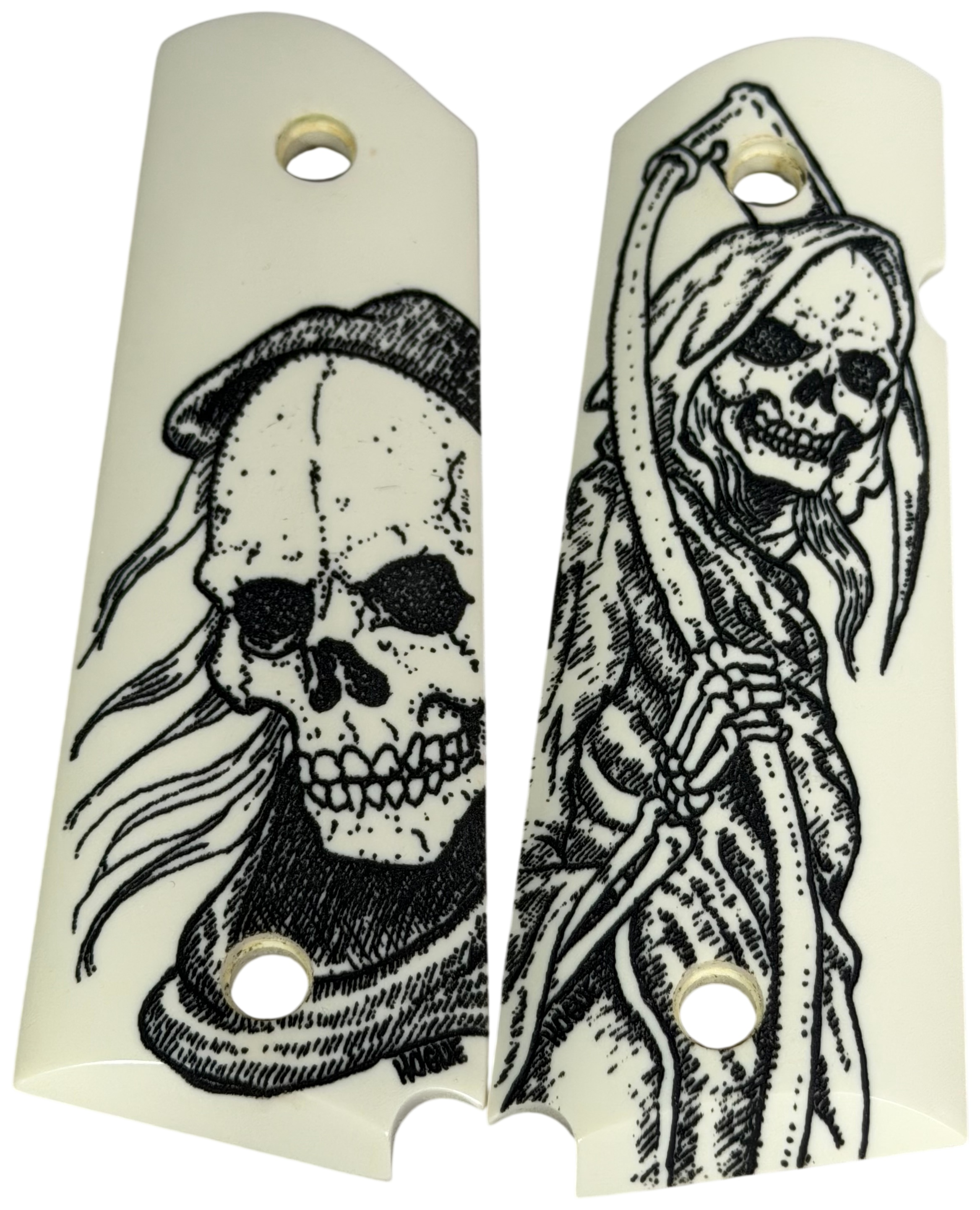 A Pair of Hogue Scrimshaw Polymer Grim Reaper 1911 Grips