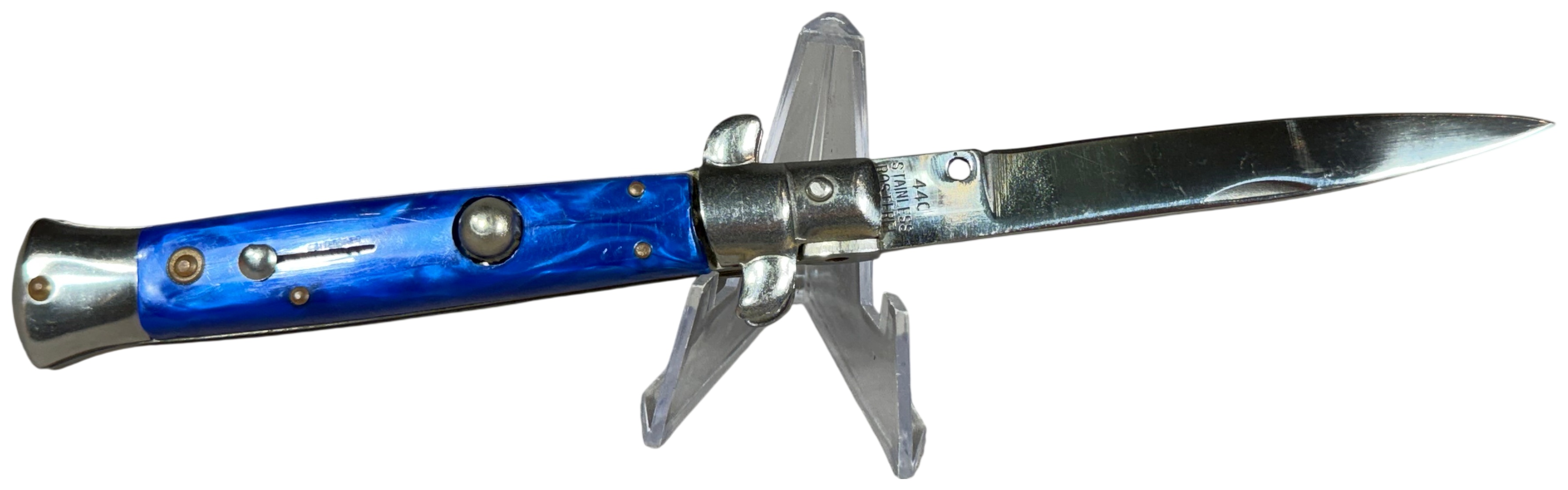 Italian Style 9 Inch Automatic Stiletto Knife with Blue Marbled Scales