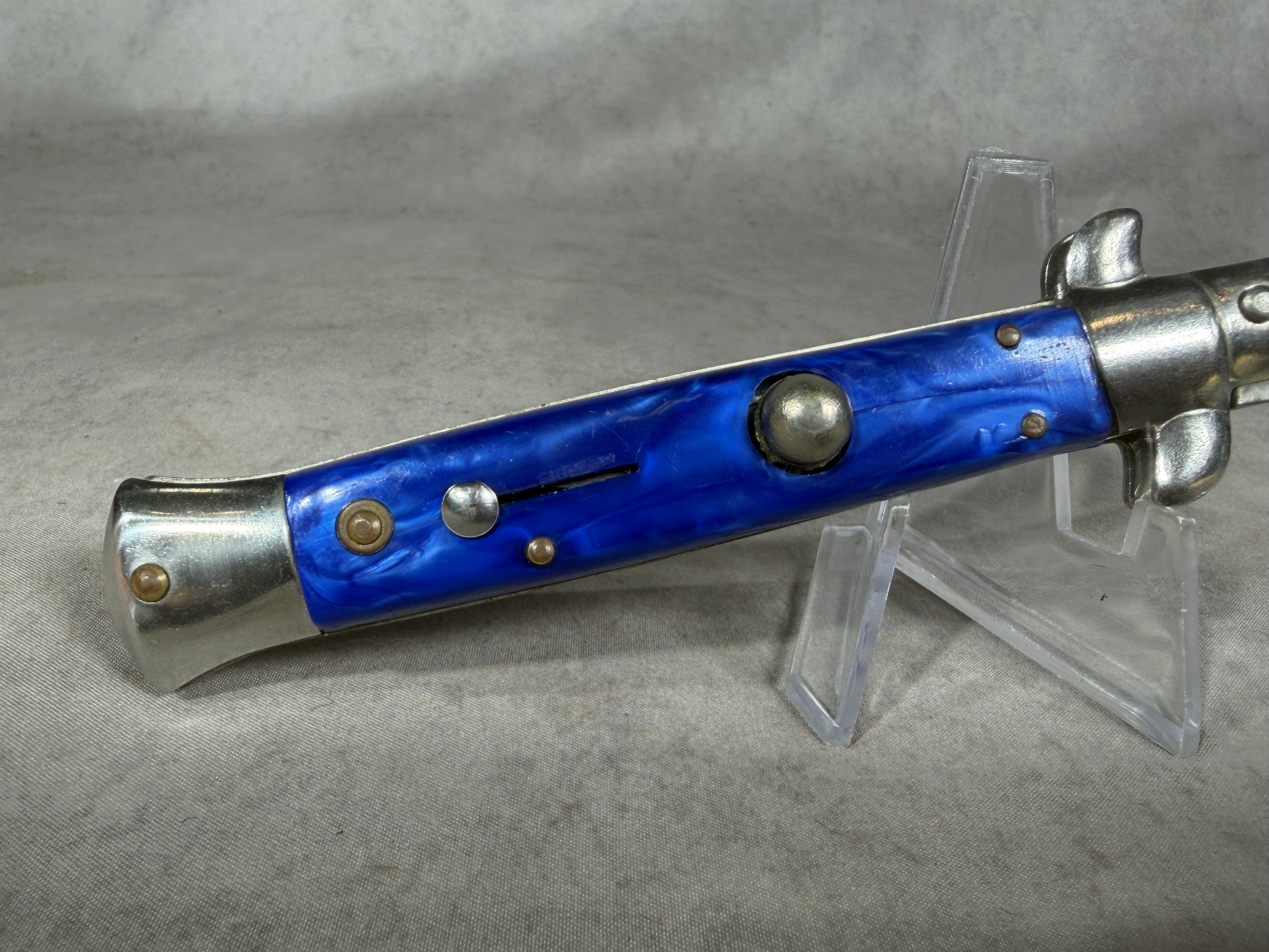 Italian Style 9 Inch Automatic Stiletto Knife with Blue Marbled Scales