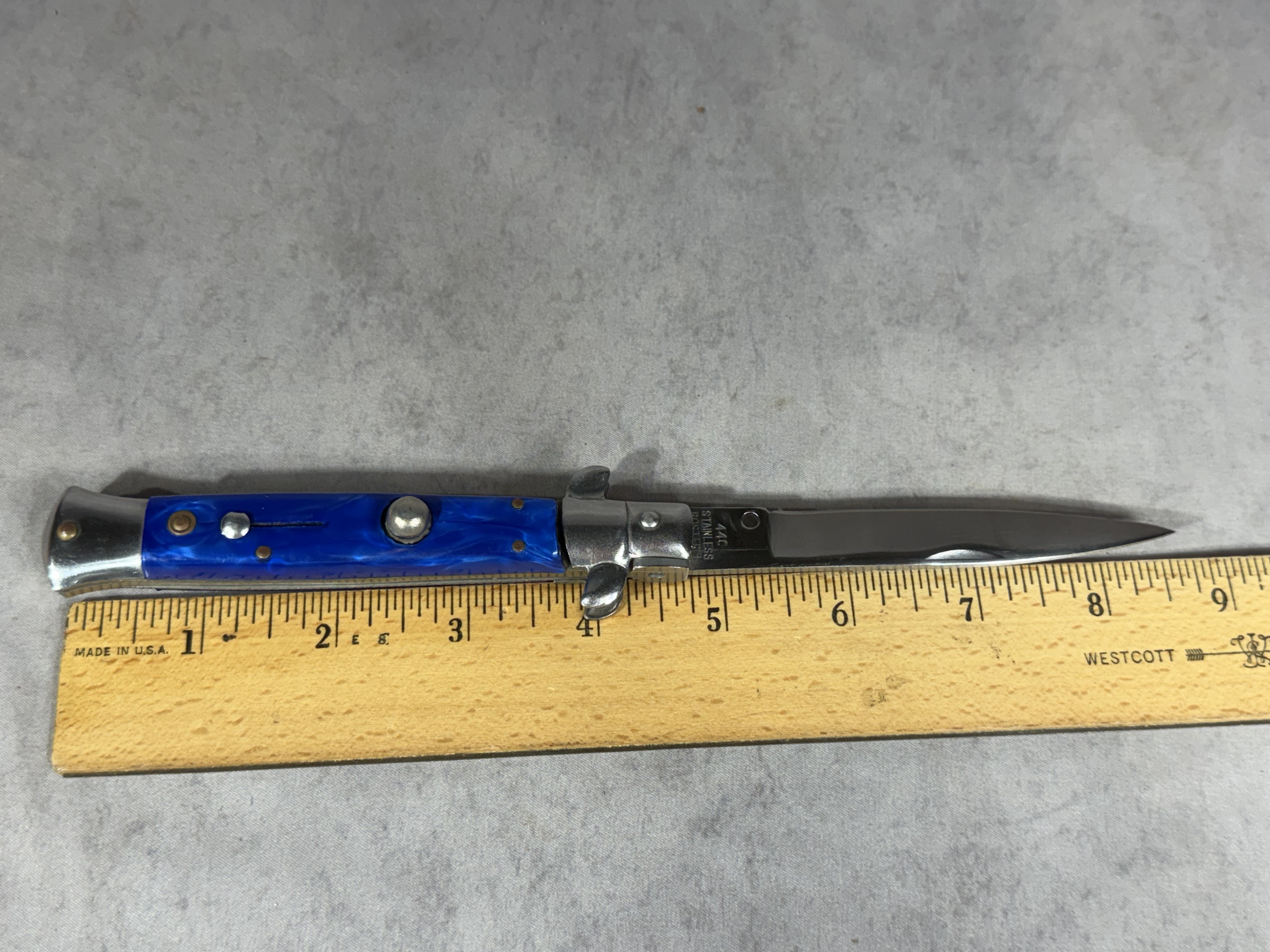 Italian Style 9 Inch Automatic Stiletto Knife with Blue Marbled Scales