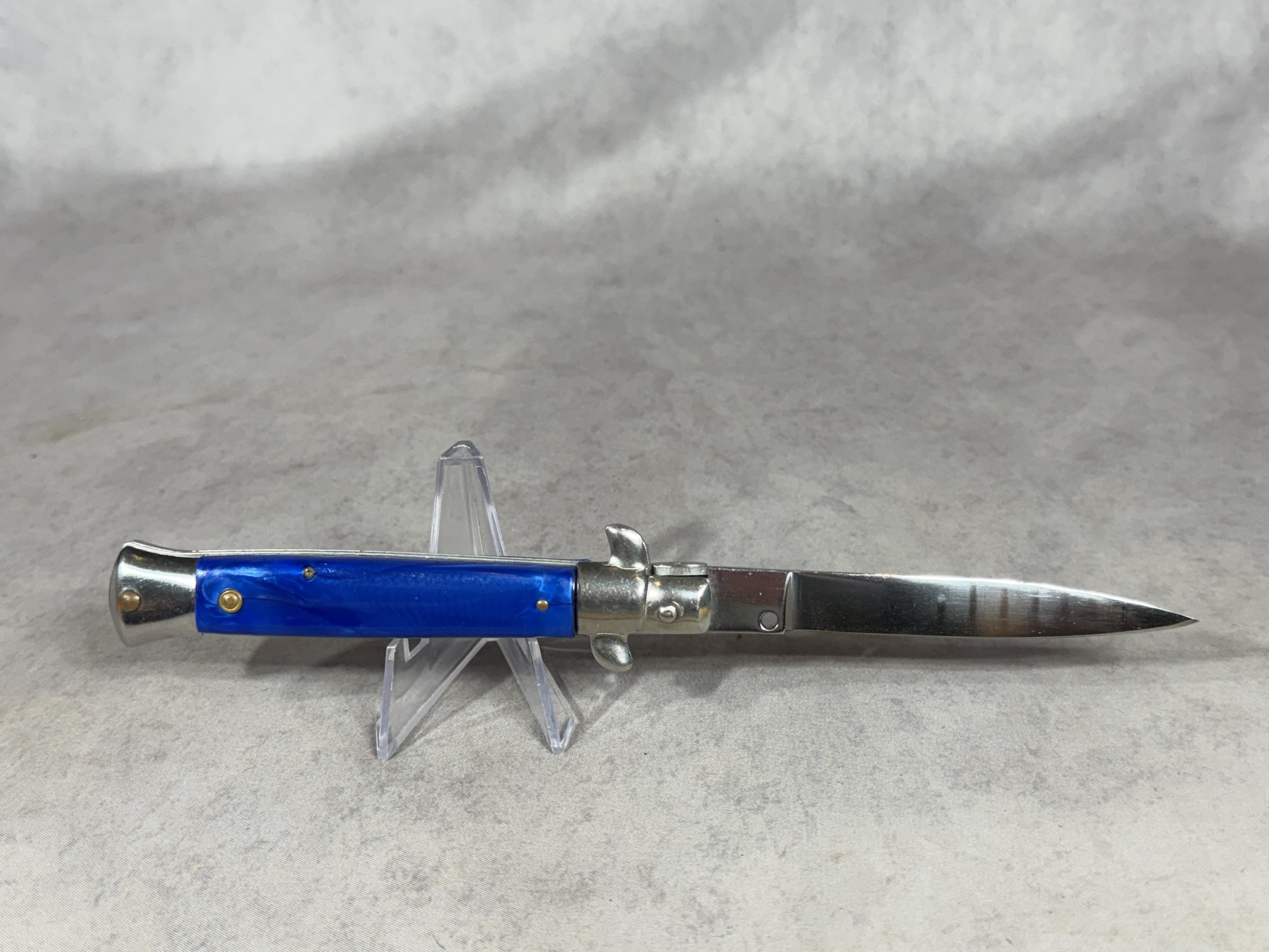 Italian Style 9 Inch Automatic Stiletto Knife with Blue Marbled Scales