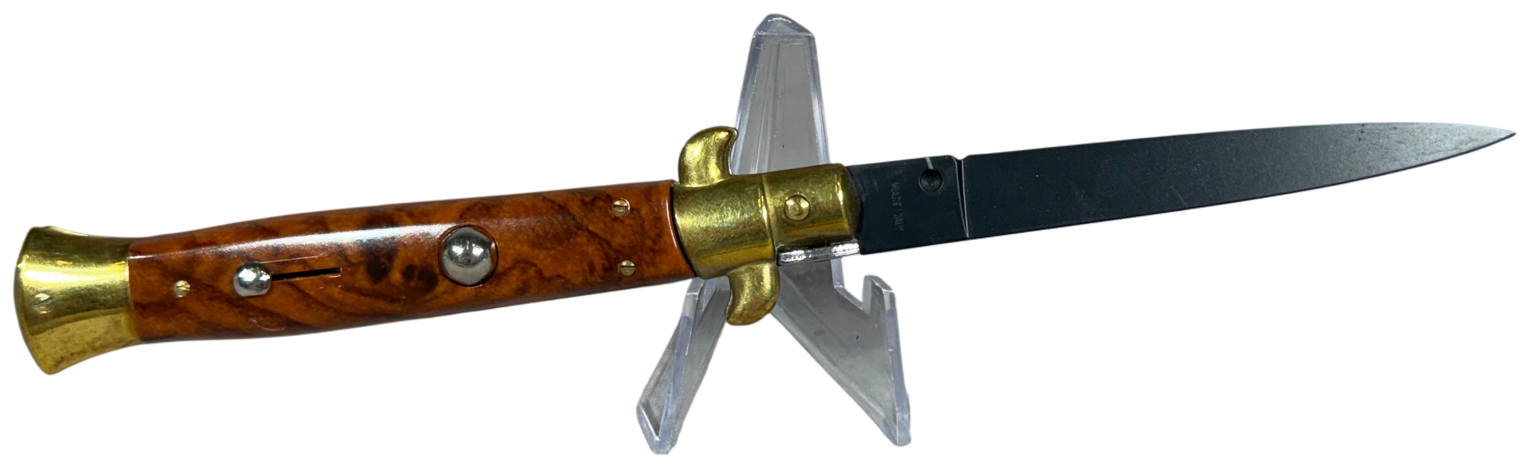 Italian 9 Inch Automatic Stiletto Knife with Burl Wood Scales and Black Bayonet Blade
