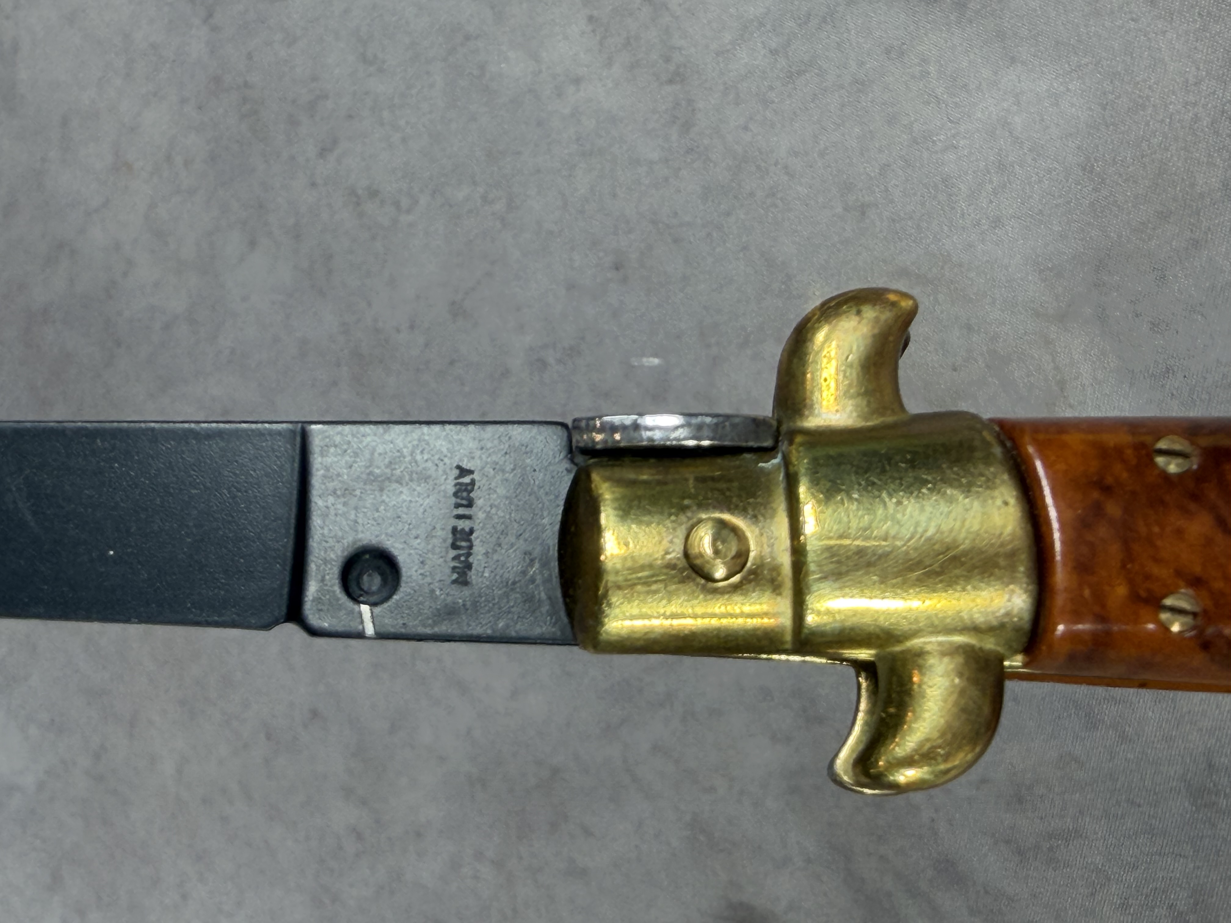 Italian 9 Inch Automatic Stiletto Knife with Burl Wood Scales and Black Bayonet Blade