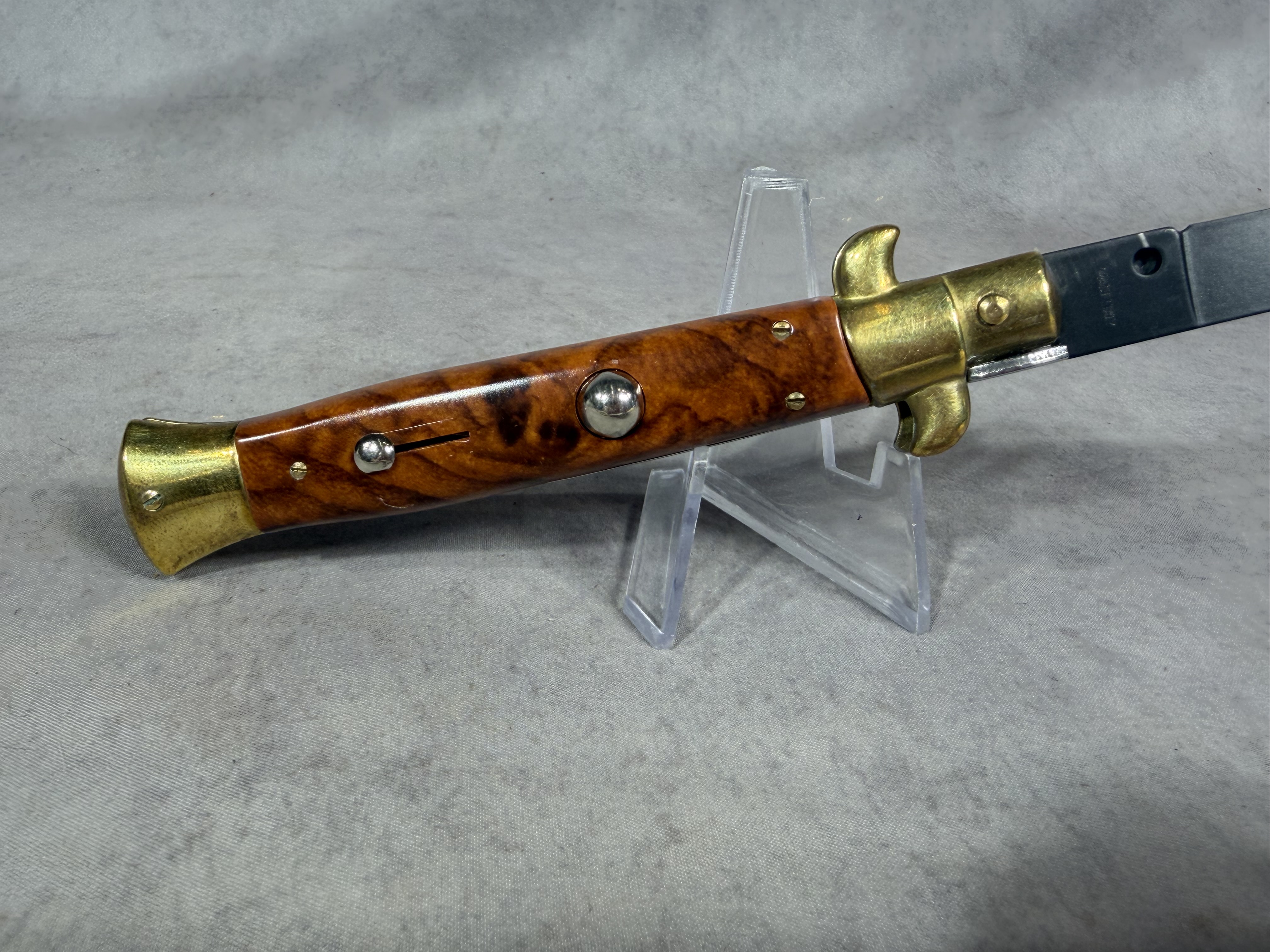 Italian 9 Inch Automatic Stiletto Knife with Burl Wood Scales and Black Bayonet Blade
