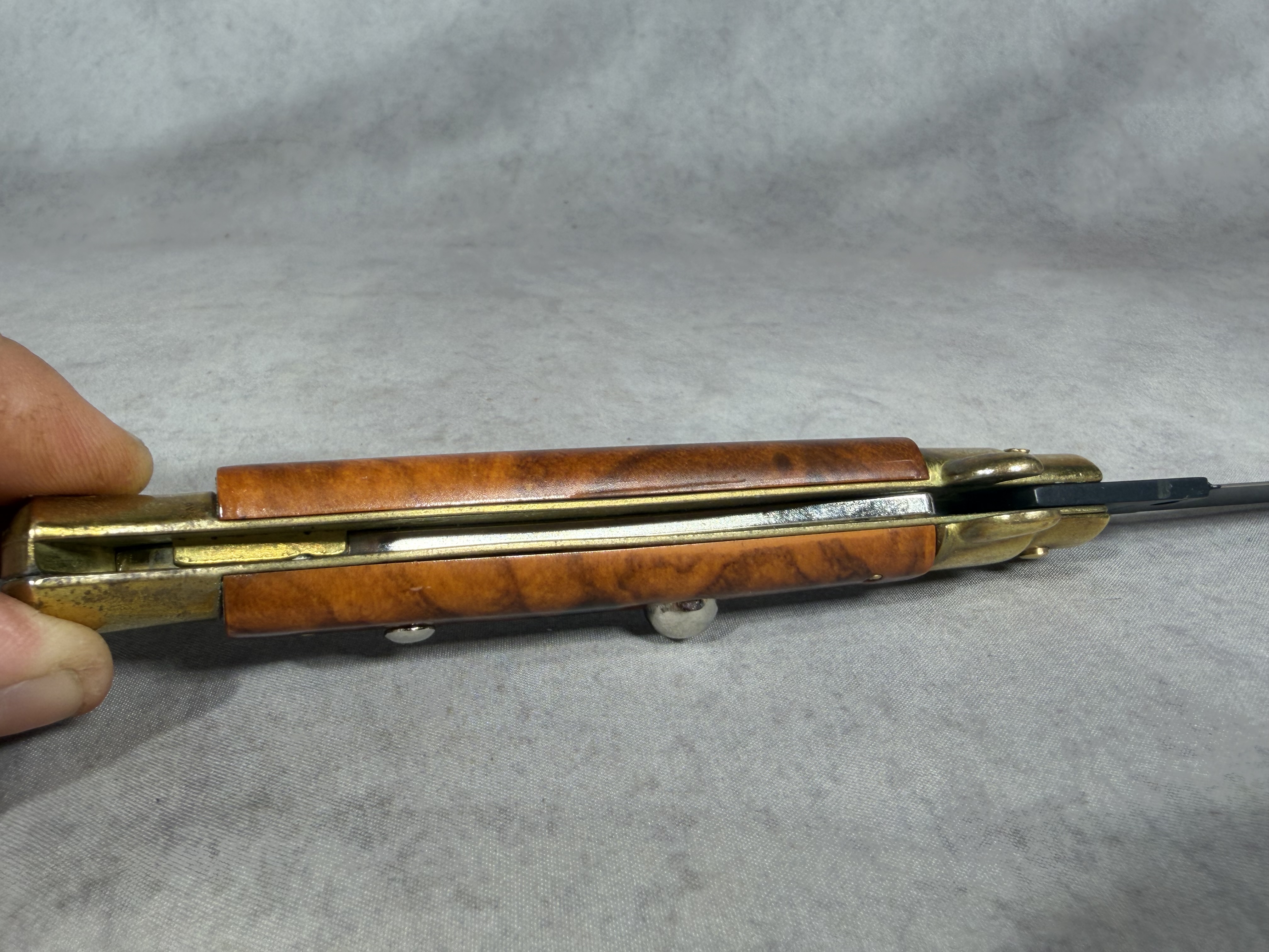 Italian 9 Inch Automatic Stiletto Knife with Burl Wood Scales and Black Bayonet Blade