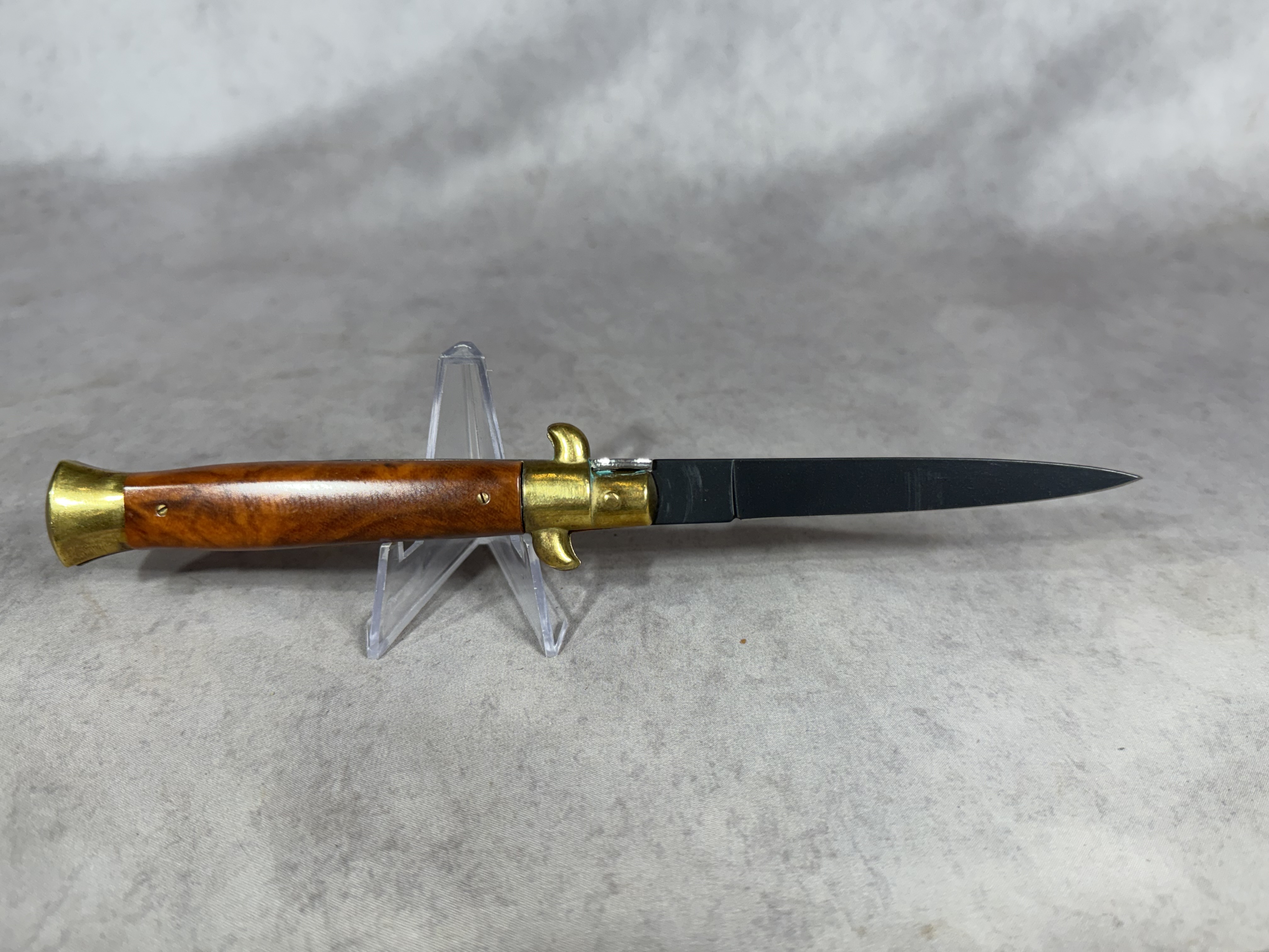 Italian 9 Inch Automatic Stiletto Knife with Burl Wood Scales and Black Bayonet Blade